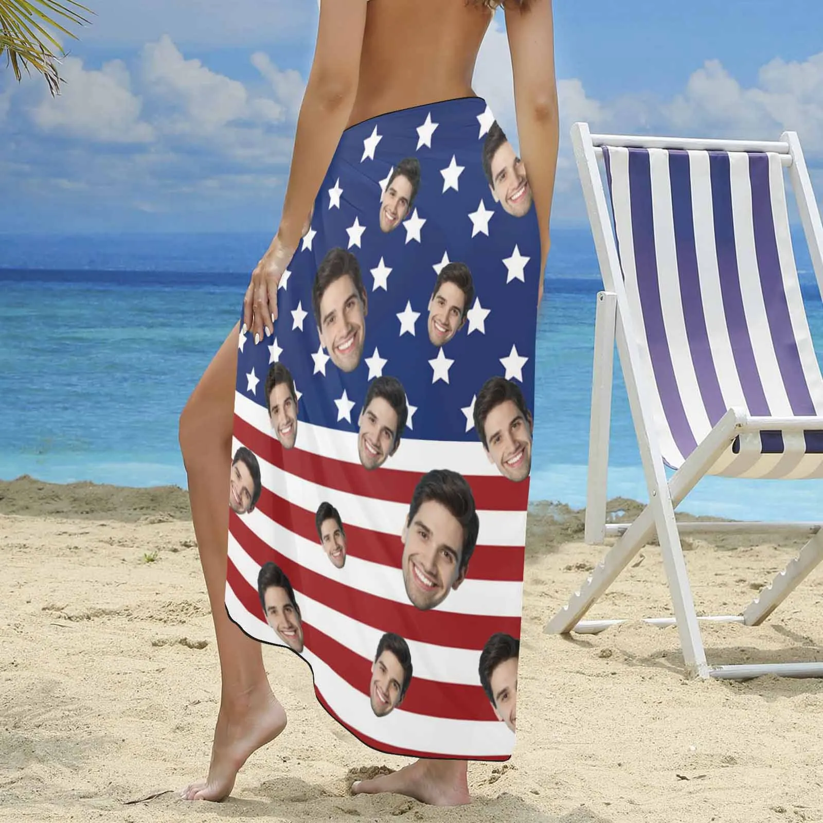 Custom Face American Flag Long Sarongs Beach Wrap Personalized Bikini Cover Up