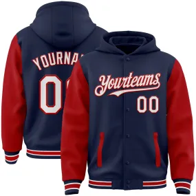 Custom Navy White-Red Bomber Full-Snap Varsity Letterman Two Tone Hoodie Jacket