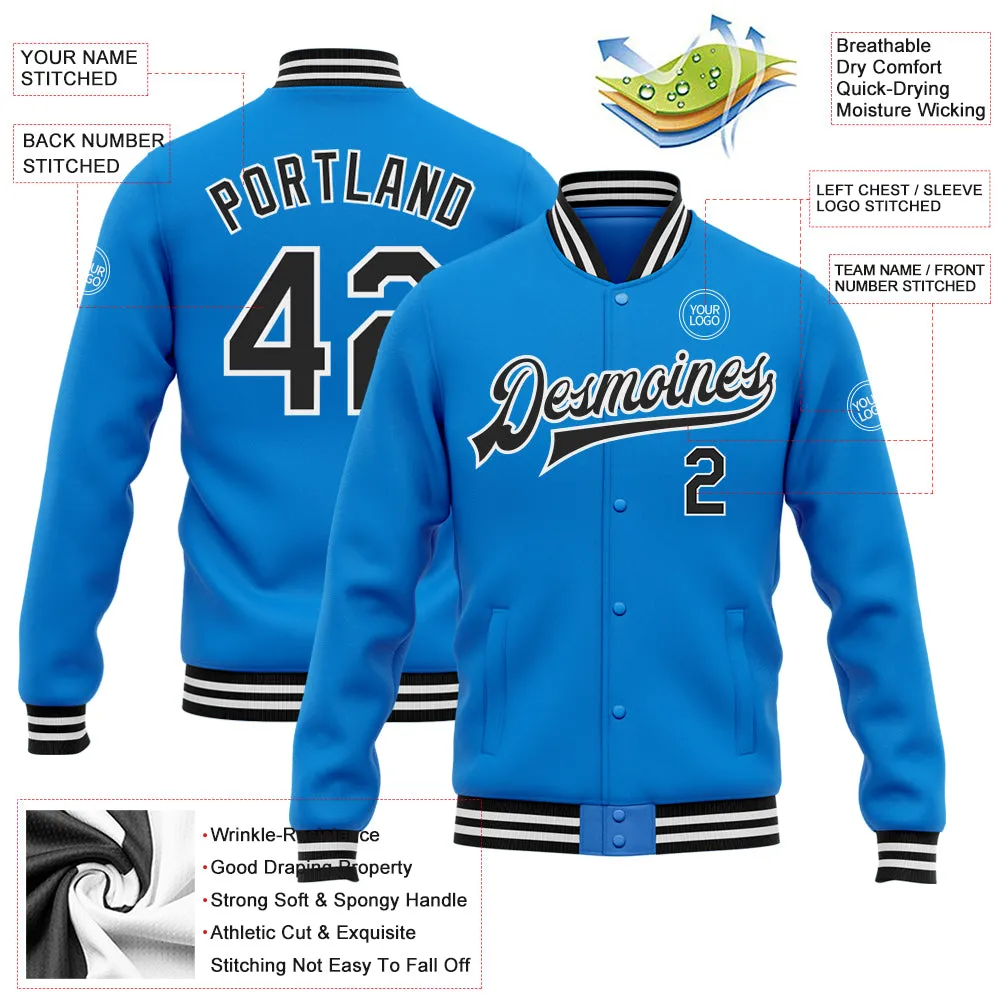 Custom Powder Blue Black-White Bomber Full-Snap Varsity Letterman Jacket