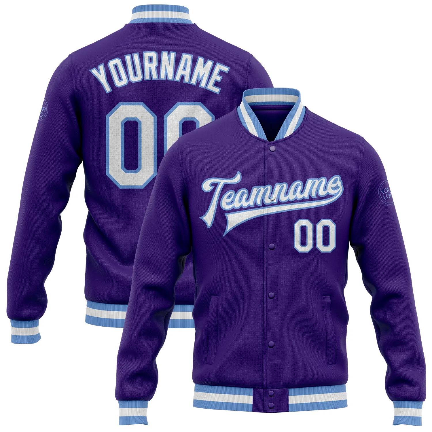 Custom Purple White-Light Blue Bomber Full-Snap Varsity Letterman Jacket