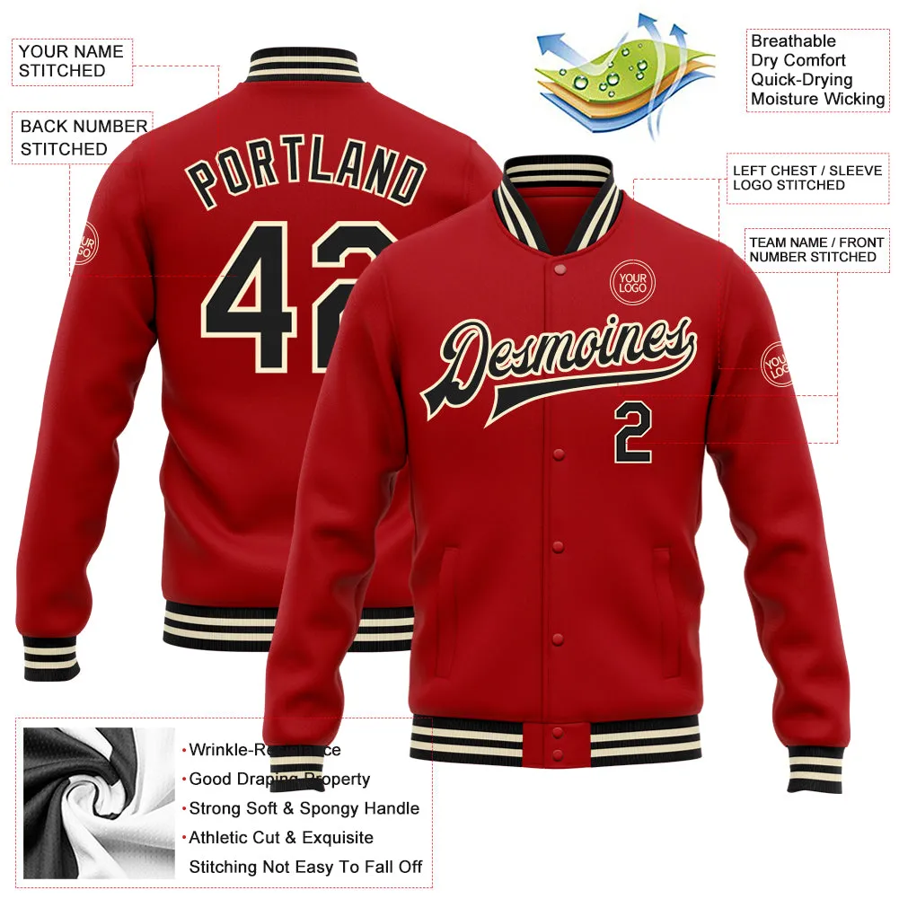 Custom Red Black-Cream Bomber Full-Snap Varsity Letterman Jacket