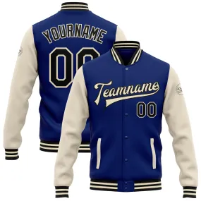 Custom Royal Black-Cream Bomber Full-Snap Varsity Letterman Two Tone Jacket