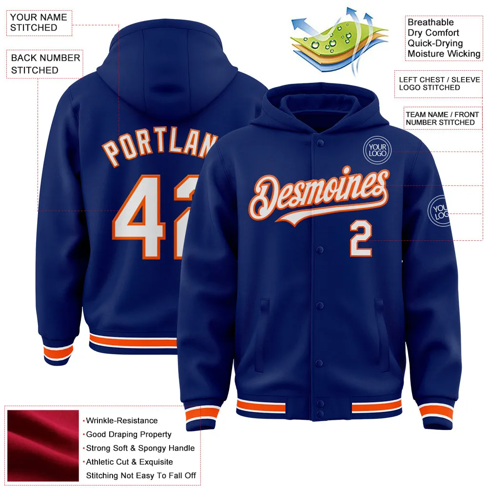 Custom Royal White-Orange Bomber Full-Snap Varsity Letterman Hoodie Jacket