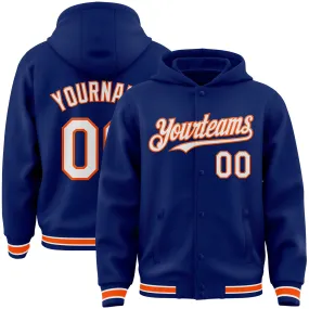 Custom Royal White-Orange Bomber Full-Snap Varsity Letterman Hoodie Jacket