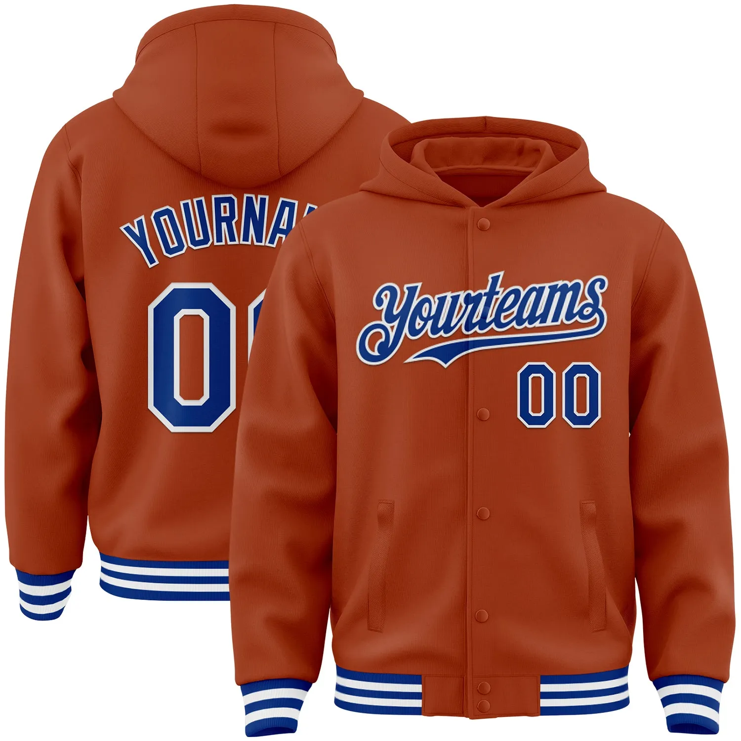 Custom Texas Orange Royal-White Bomber Full-Snap Varsity Letterman Hoodie Jacket