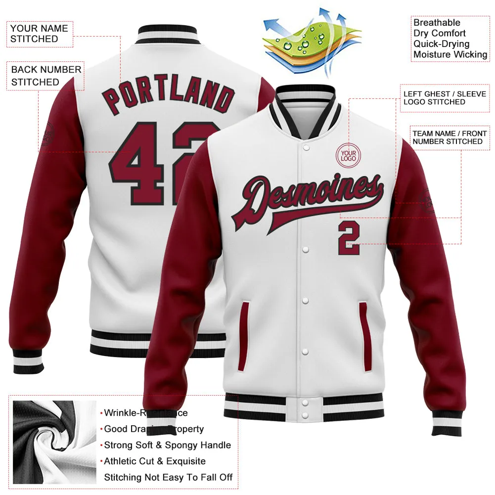 Custom White Crimson-Black Bomber Full-Snap Varsity Letterman Two Tone Jacket