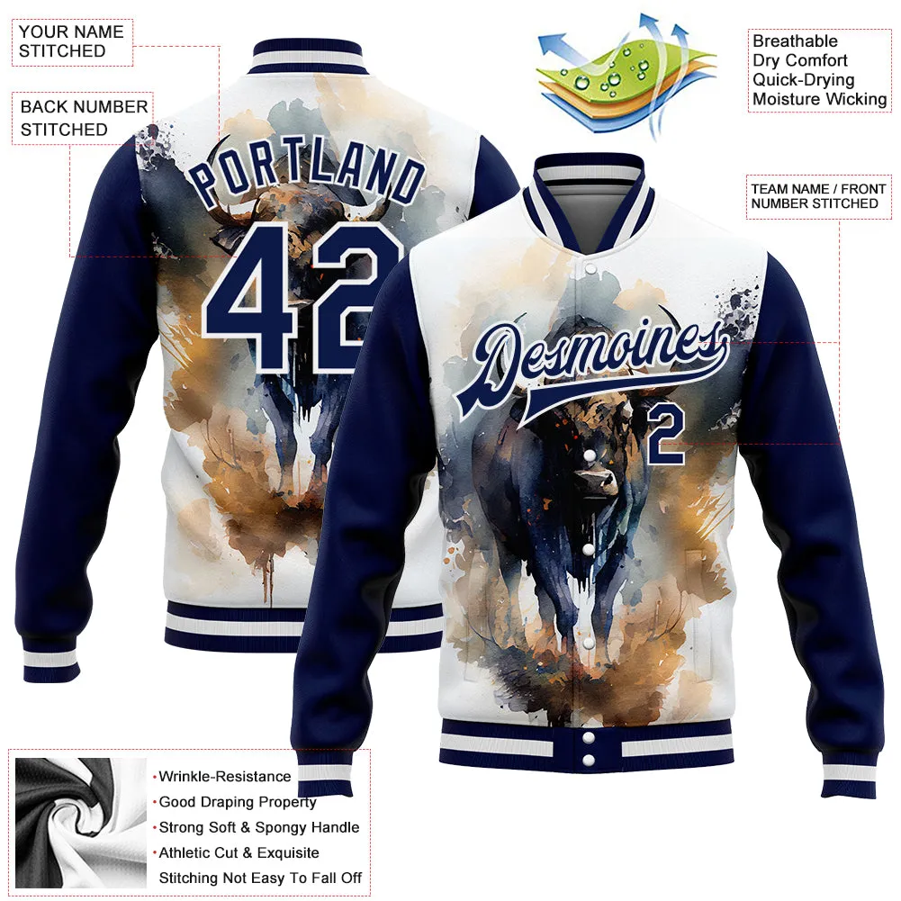 Custom White Navy A Bull With Horns 3D Pattern Design Bomber Full-Snap Varsity Letterman Jacket