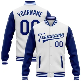 Custom White Royal Bomber Full-Snap Varsity Letterman Two Tone Jacket