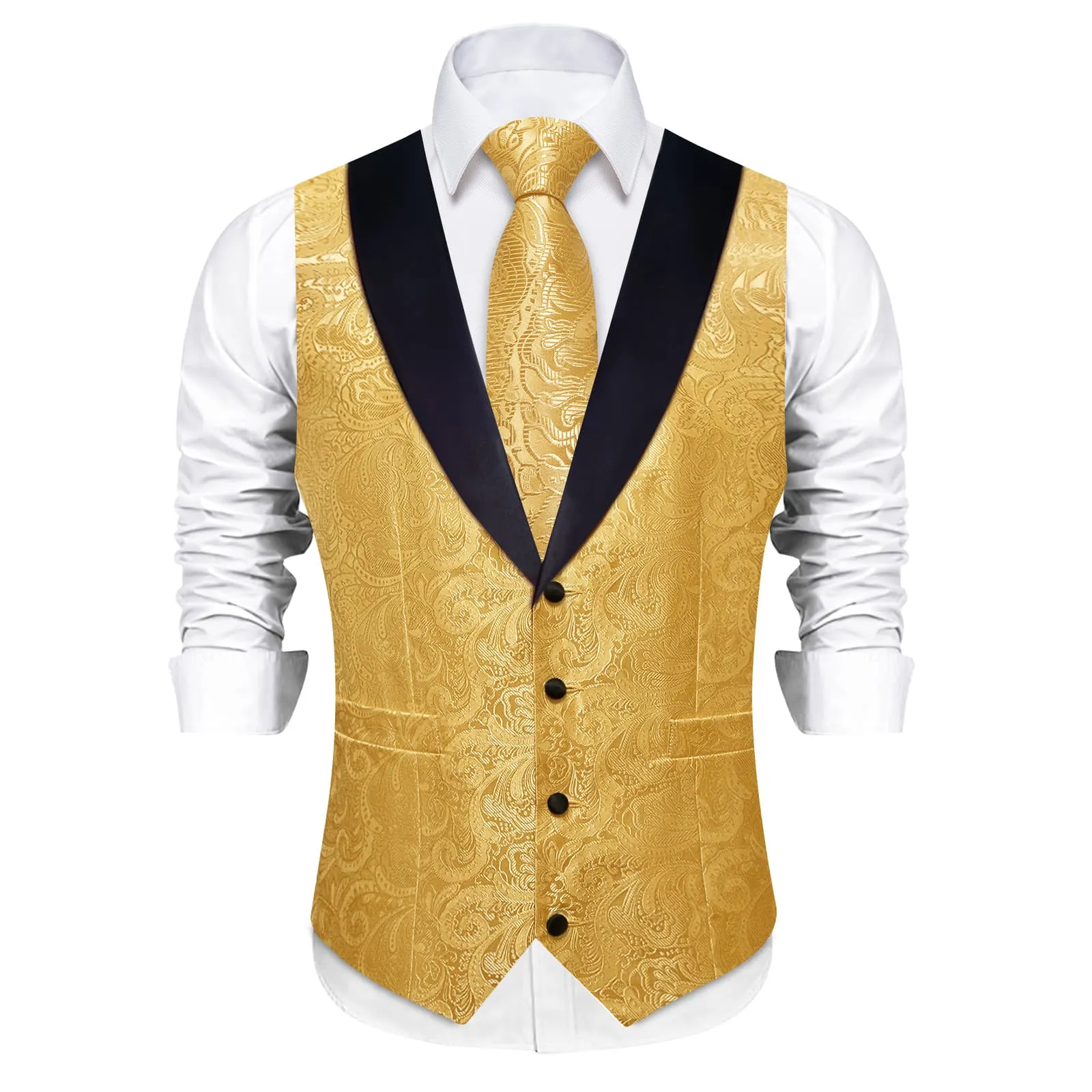 DiBanGu Luxury Gold Floral Silk Shawl Collar Mens Dress Vest Tie Set