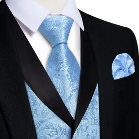 DiBanGu Sky Blue Floral Silk Shawl Collar Mens Dress Vest Tie Set