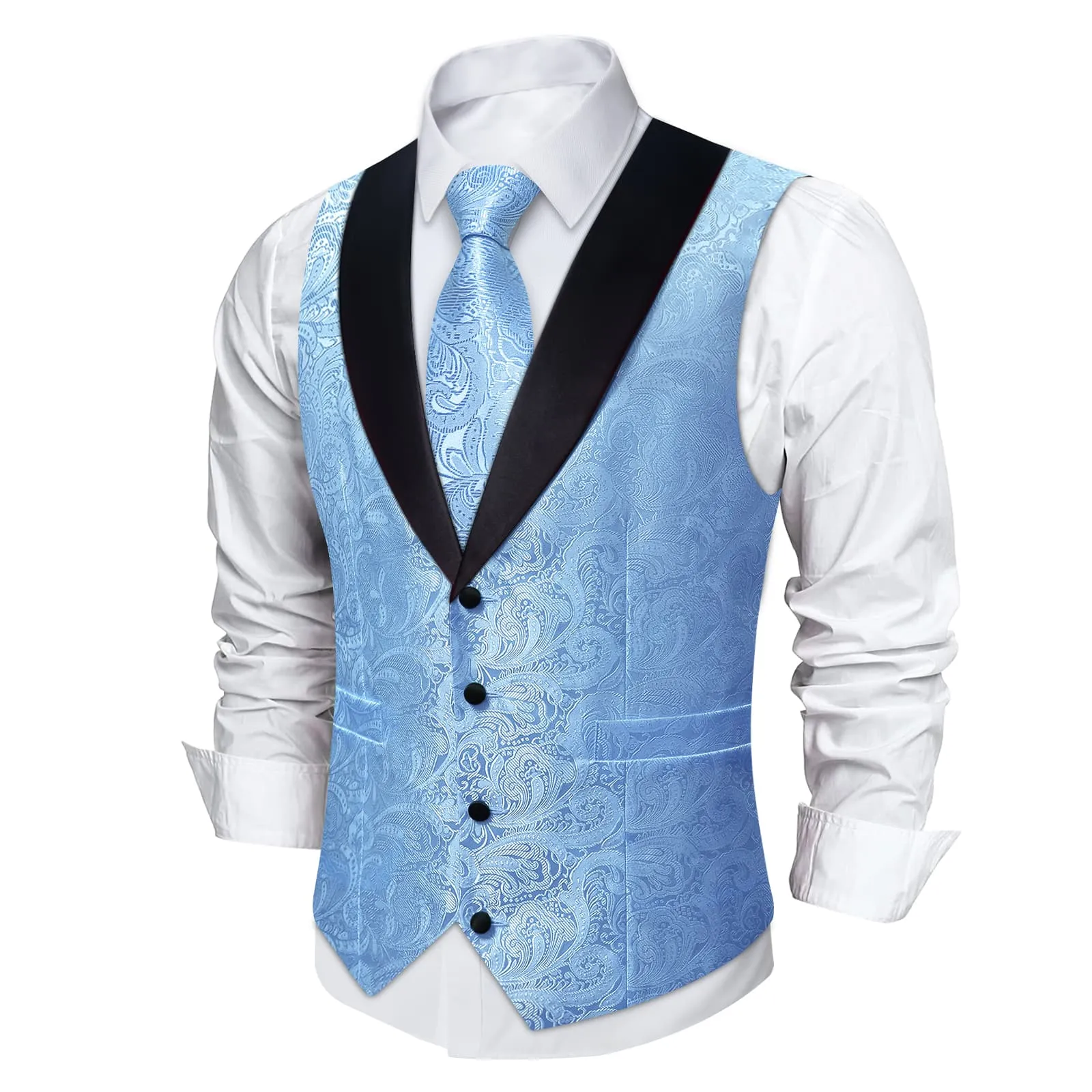 DiBanGu Sky Blue Floral Silk Shawl Collar Mens Dress Vest Tie Set