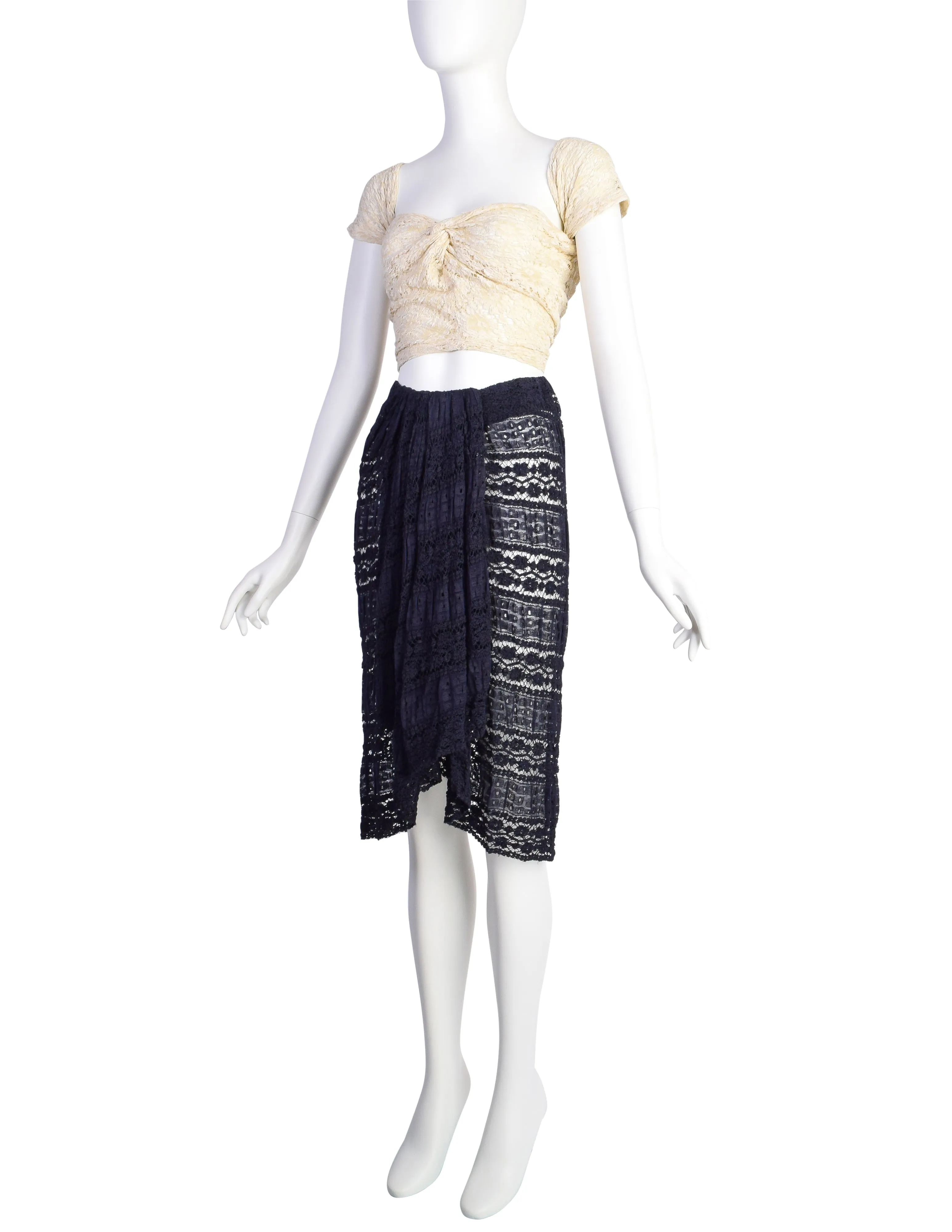 Donna Karan Vintage 1980s Cream and Navy Blue Lace Top and Skirt Ensemble