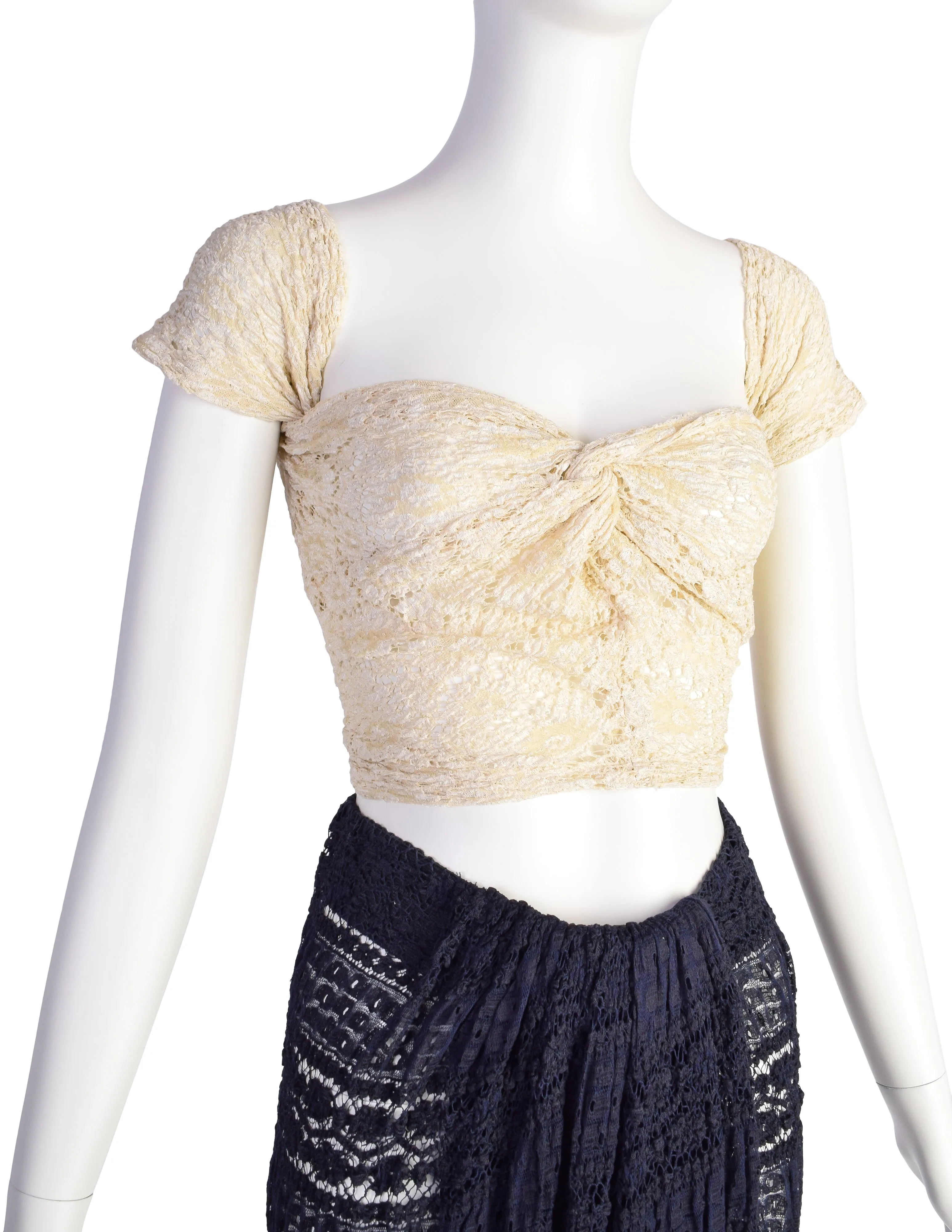 Donna Karan Vintage 1980s Cream and Navy Blue Lace Top and Skirt Ensemble