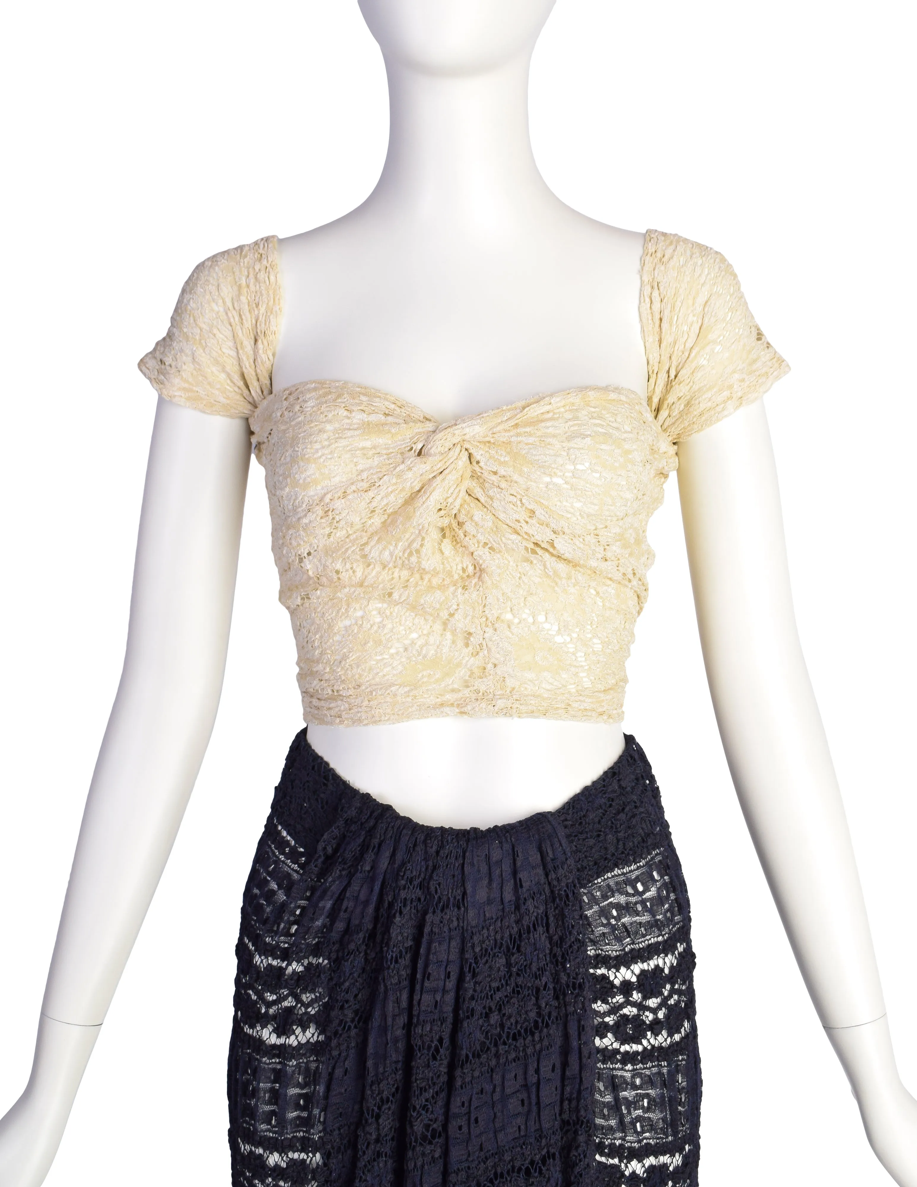 Donna Karan Vintage 1980s Cream and Navy Blue Lace Top and Skirt Ensemble