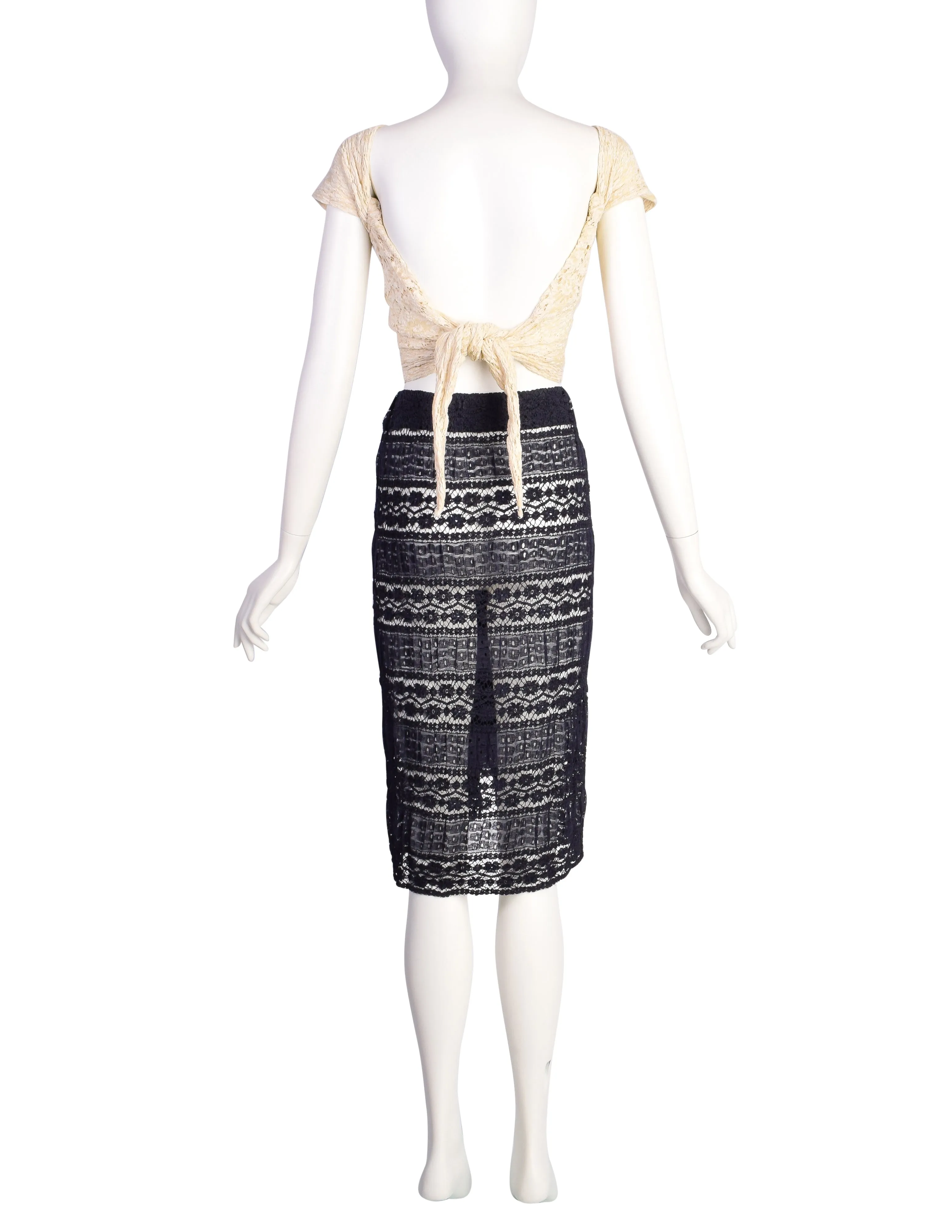 Donna Karan Vintage 1980s Cream and Navy Blue Lace Top and Skirt Ensemble