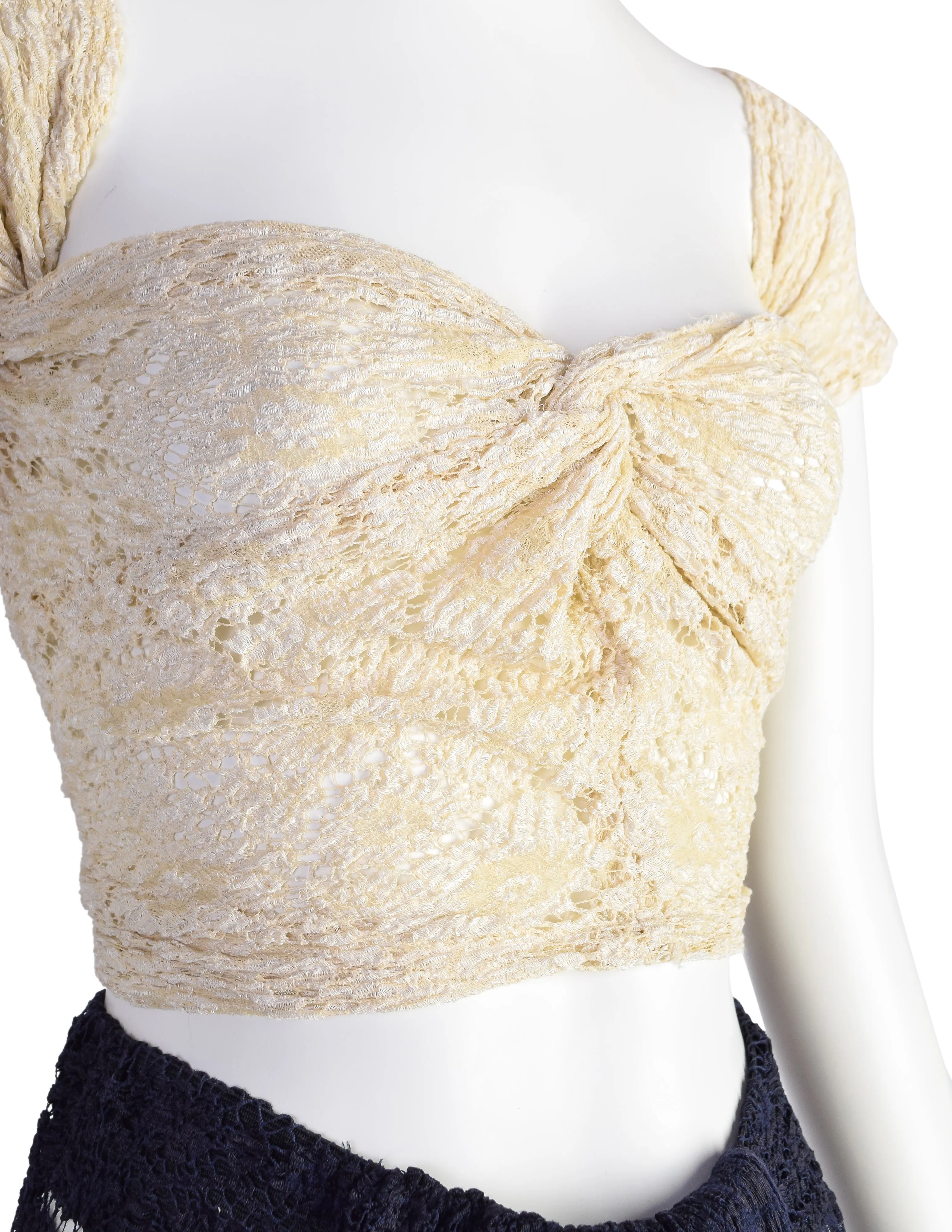 Donna Karan Vintage 1980s Cream and Navy Blue Lace Top and Skirt Ensemble