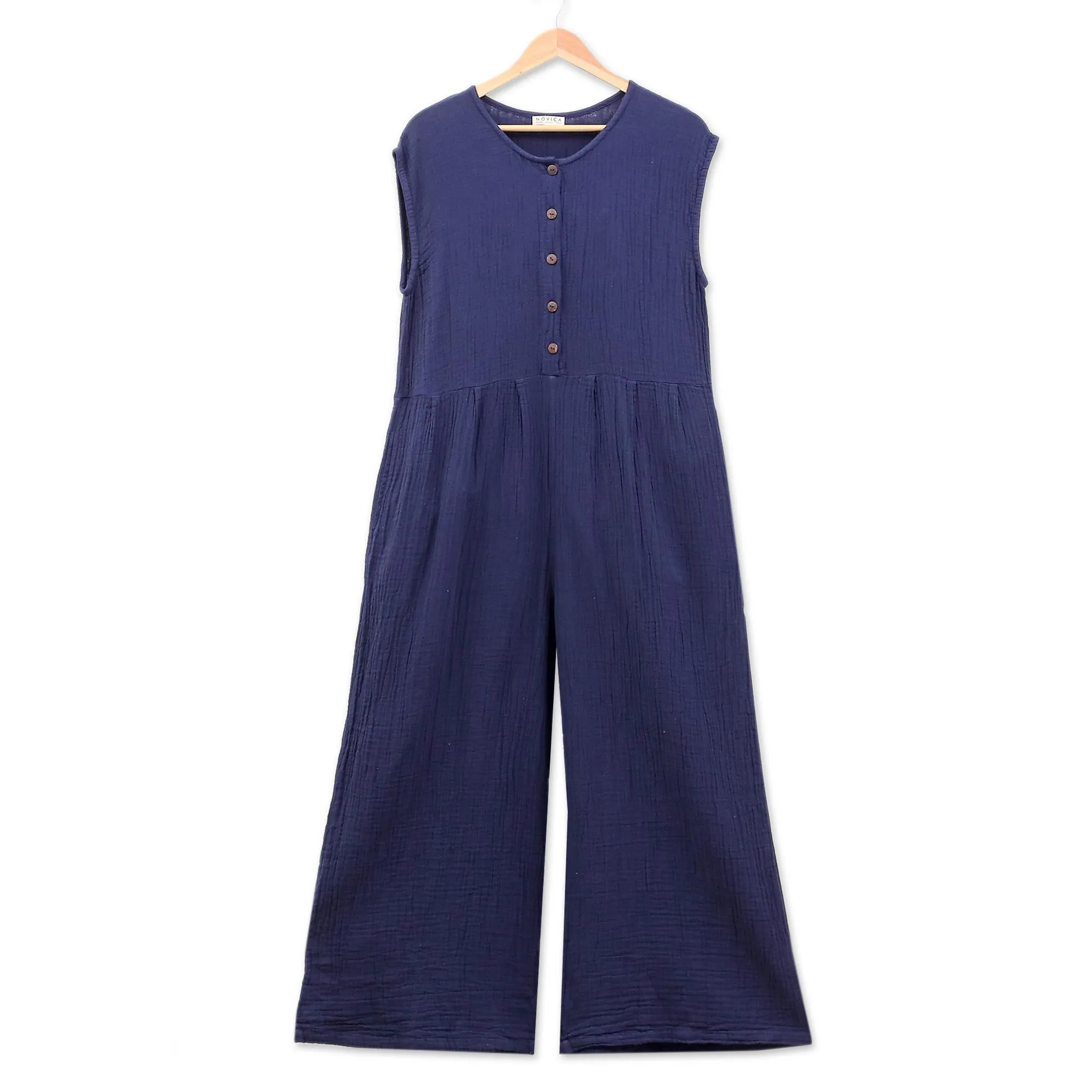 Double Cotton Gauze Jumpsuit from Thailand - Roman Holiday in Navy | NOVICA