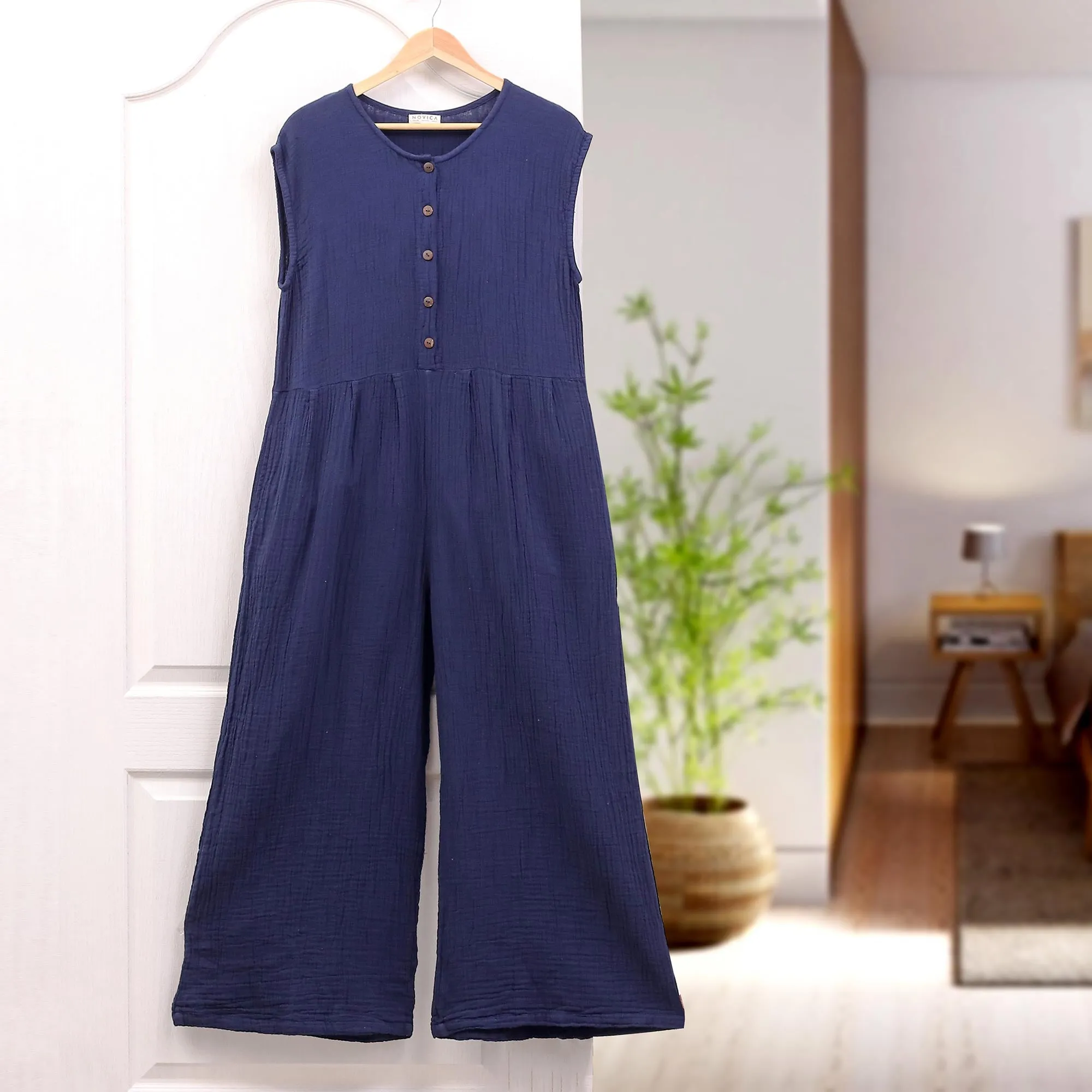 Double Cotton Gauze Jumpsuit from Thailand - Roman Holiday in Navy | NOVICA