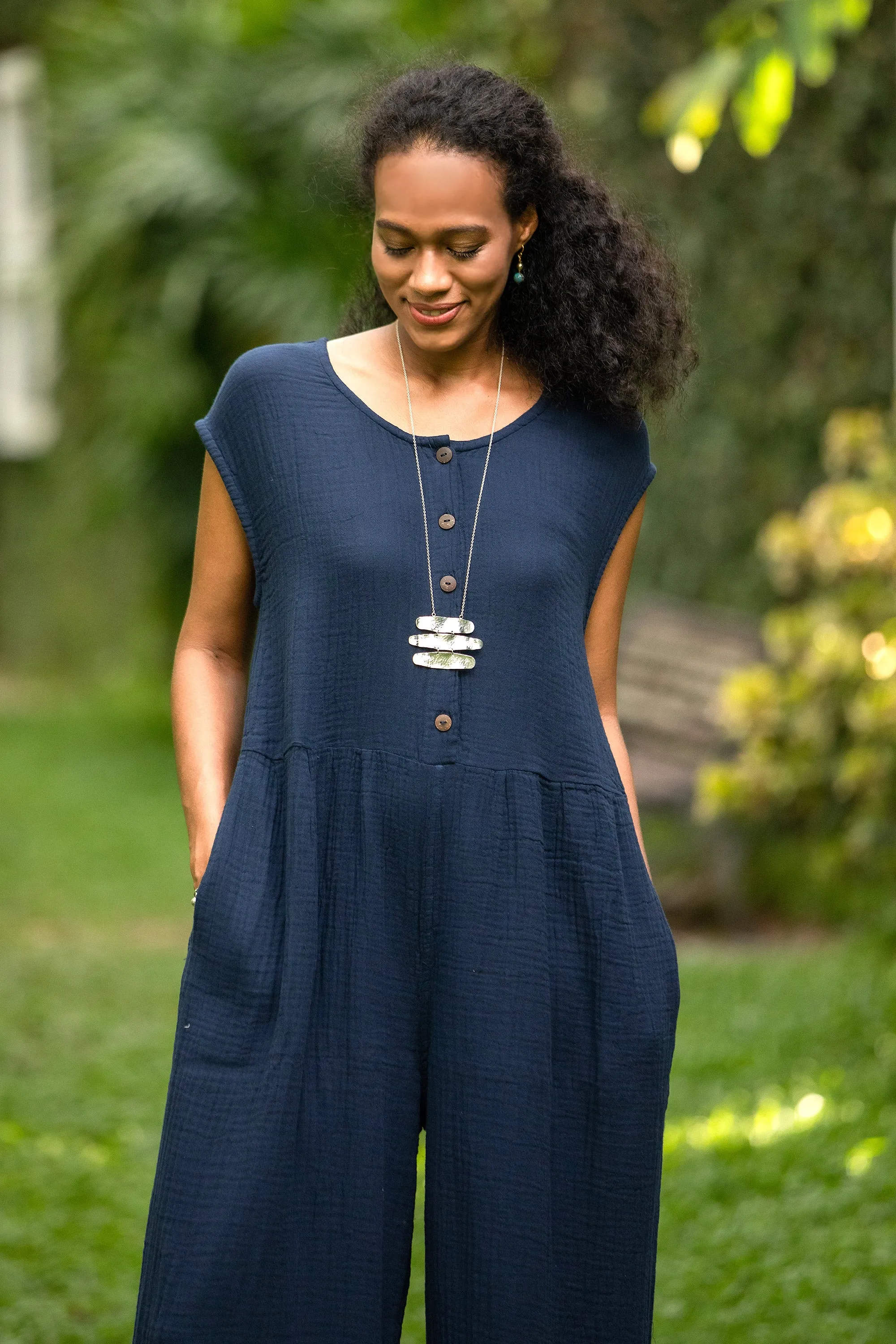 Double Cotton Gauze Jumpsuit from Thailand - Roman Holiday in Navy | NOVICA