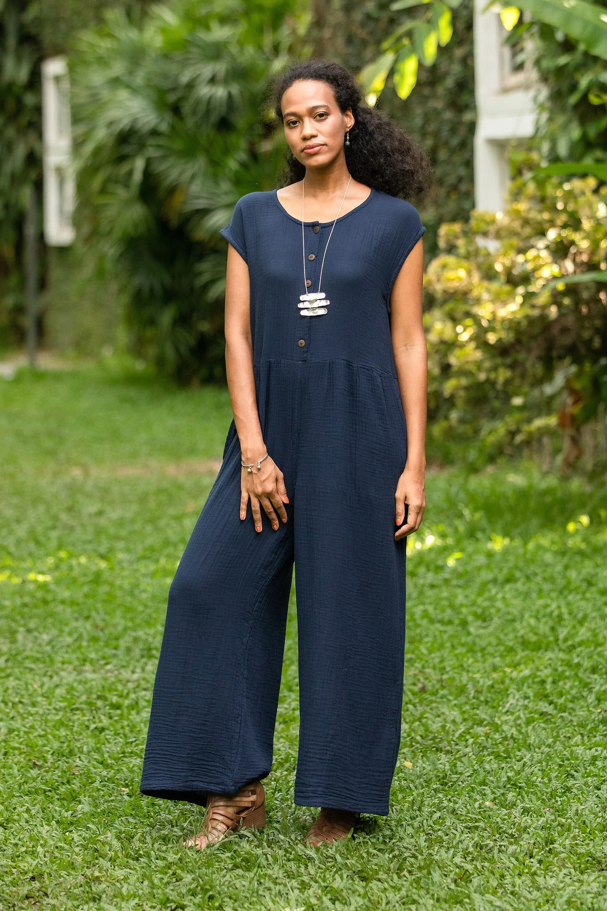 Double Cotton Gauze Jumpsuit from Thailand - Roman Holiday in Navy | NOVICA