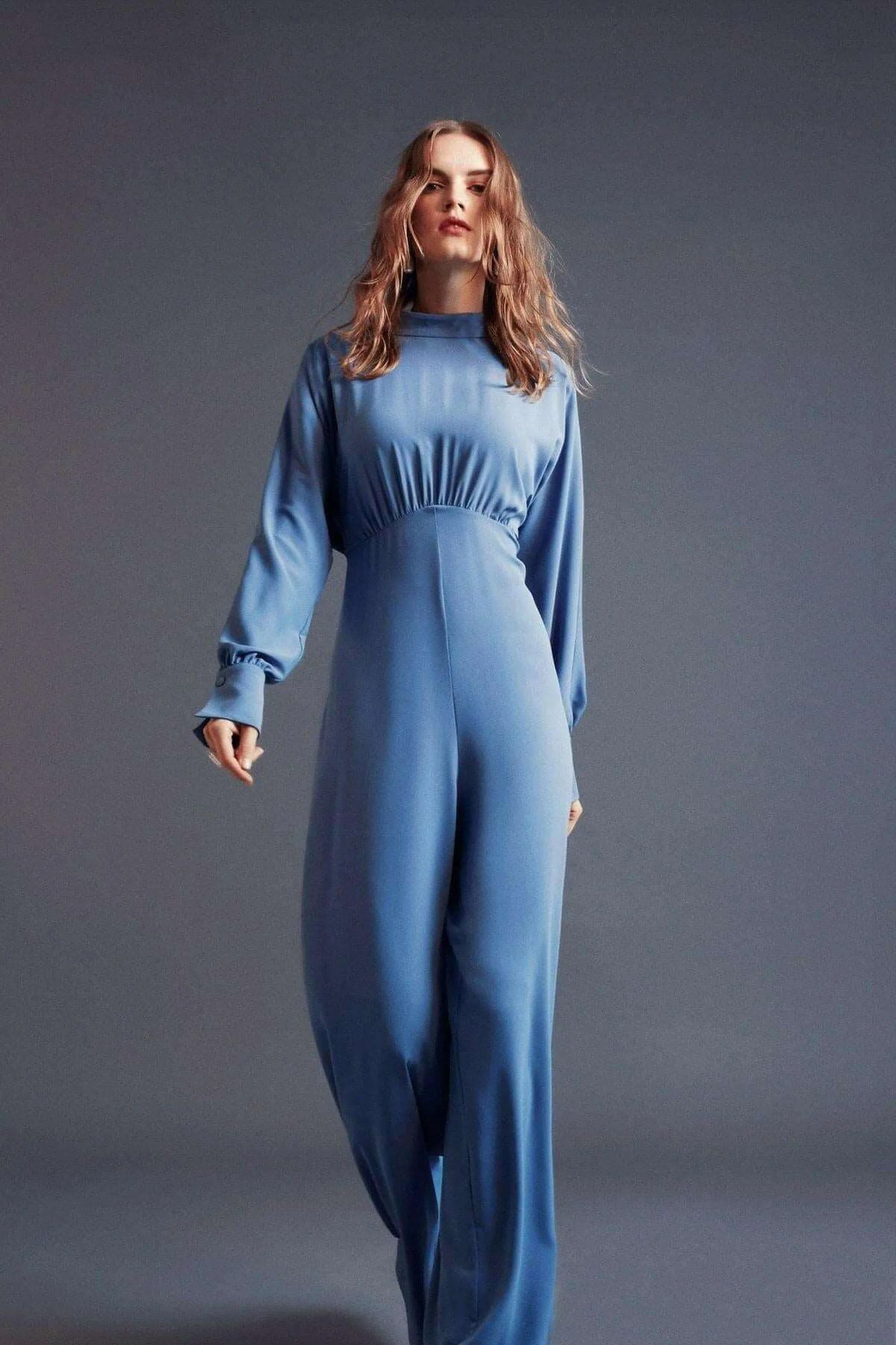 Draped Lisa Gathered High Waist Jumpsuit Blue -Modest Rompers