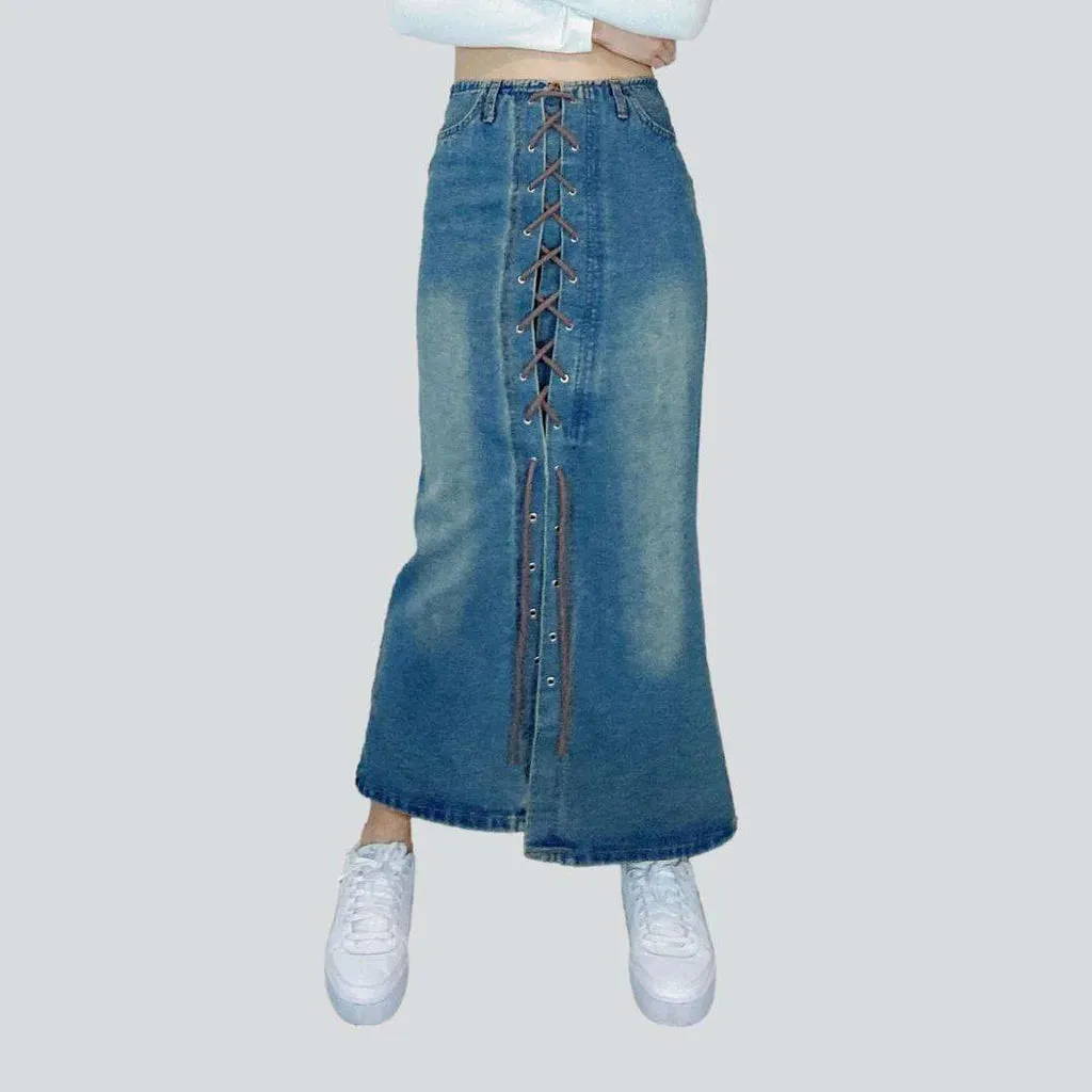 Drawstring slit long jeans skirt