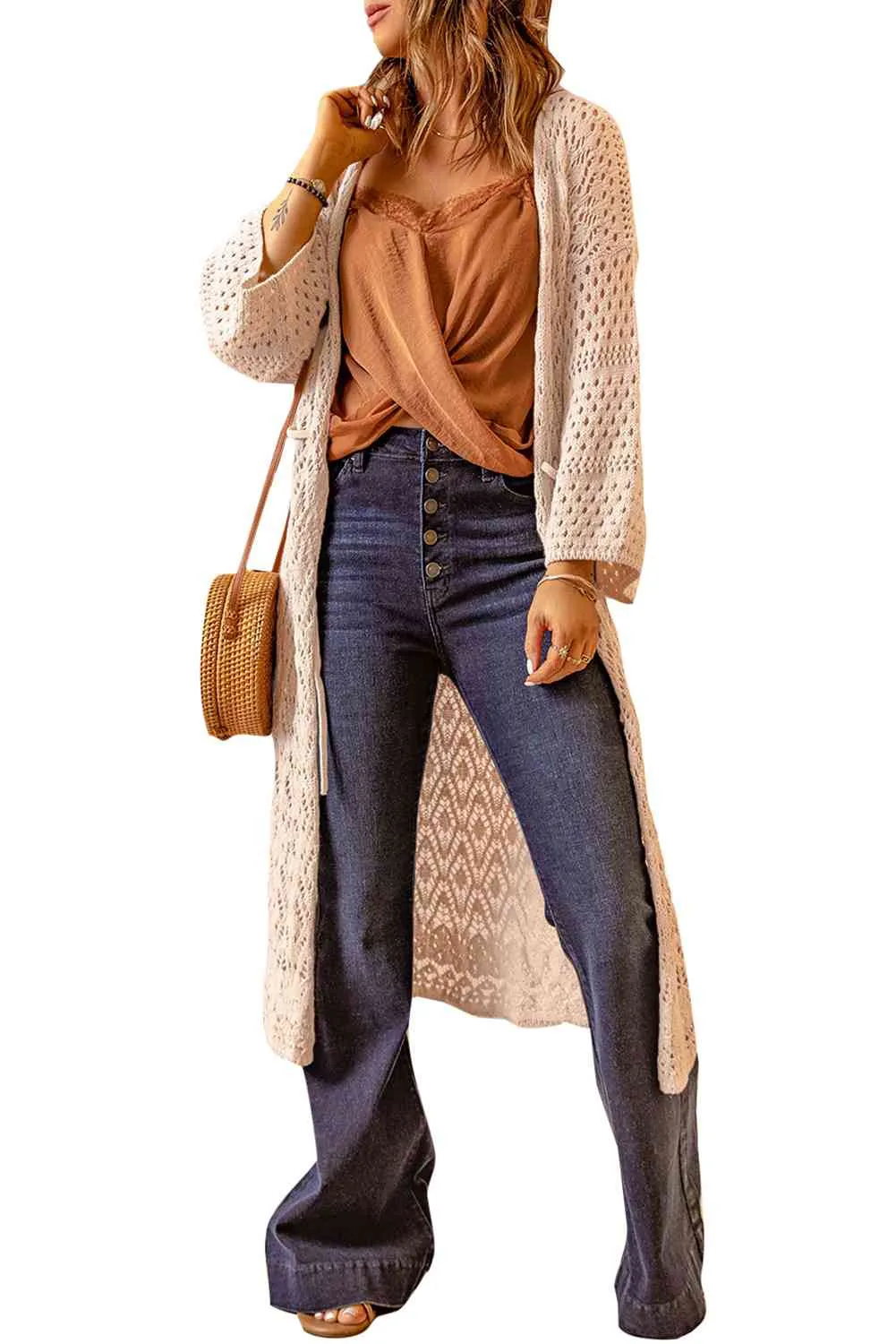 Dropped Shoulder Long Sleeve Crochet Duster Cardigan