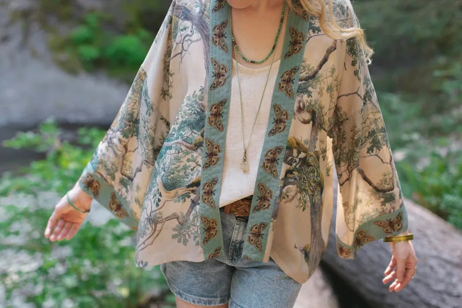 Earth and Sky Cropped Bamboo Kimono Cardigan with Tree Print