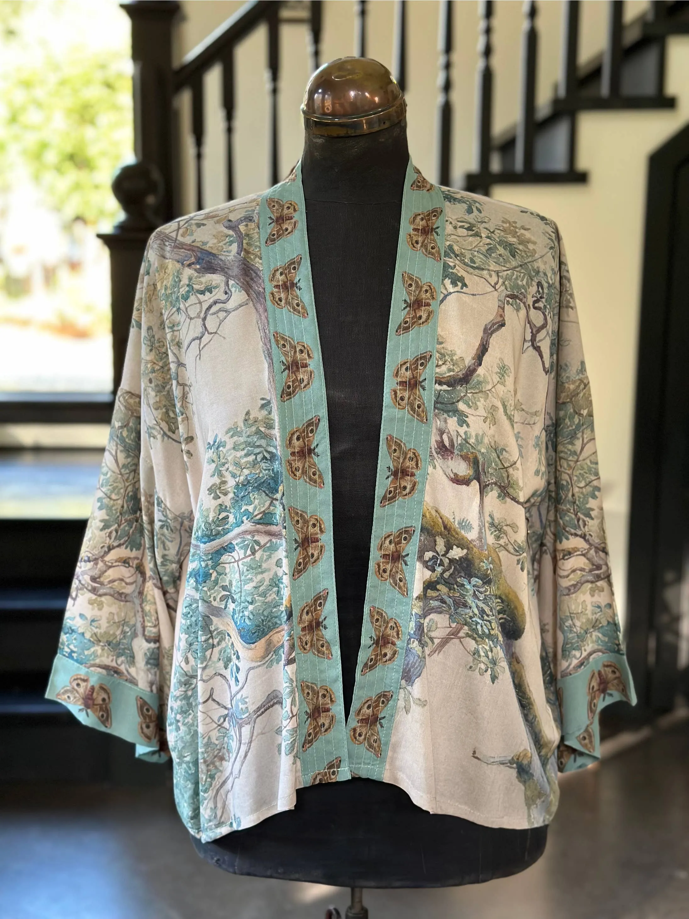 Earth and Sky Cropped Bamboo Kimono Cardigan with Tree Print