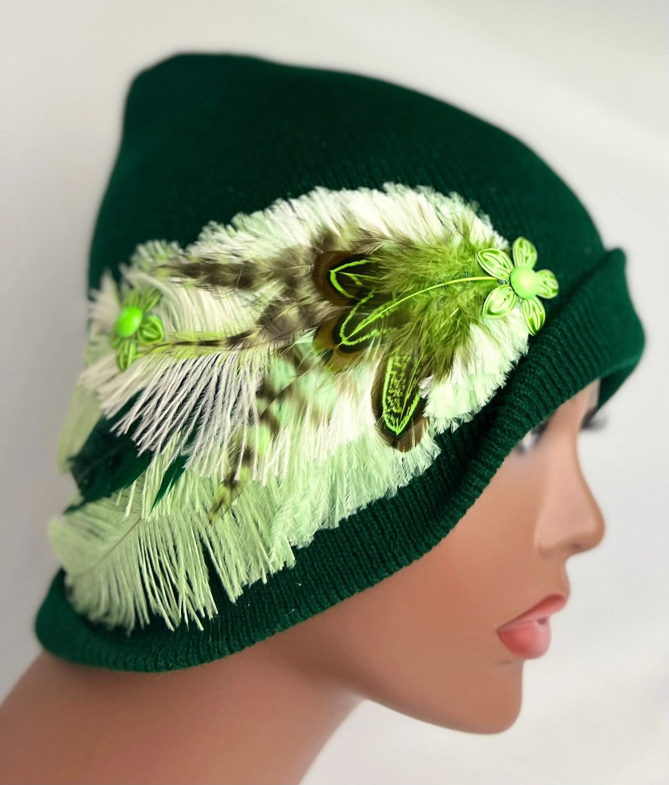 Embellished Feathered & Jeweled Knit Hat