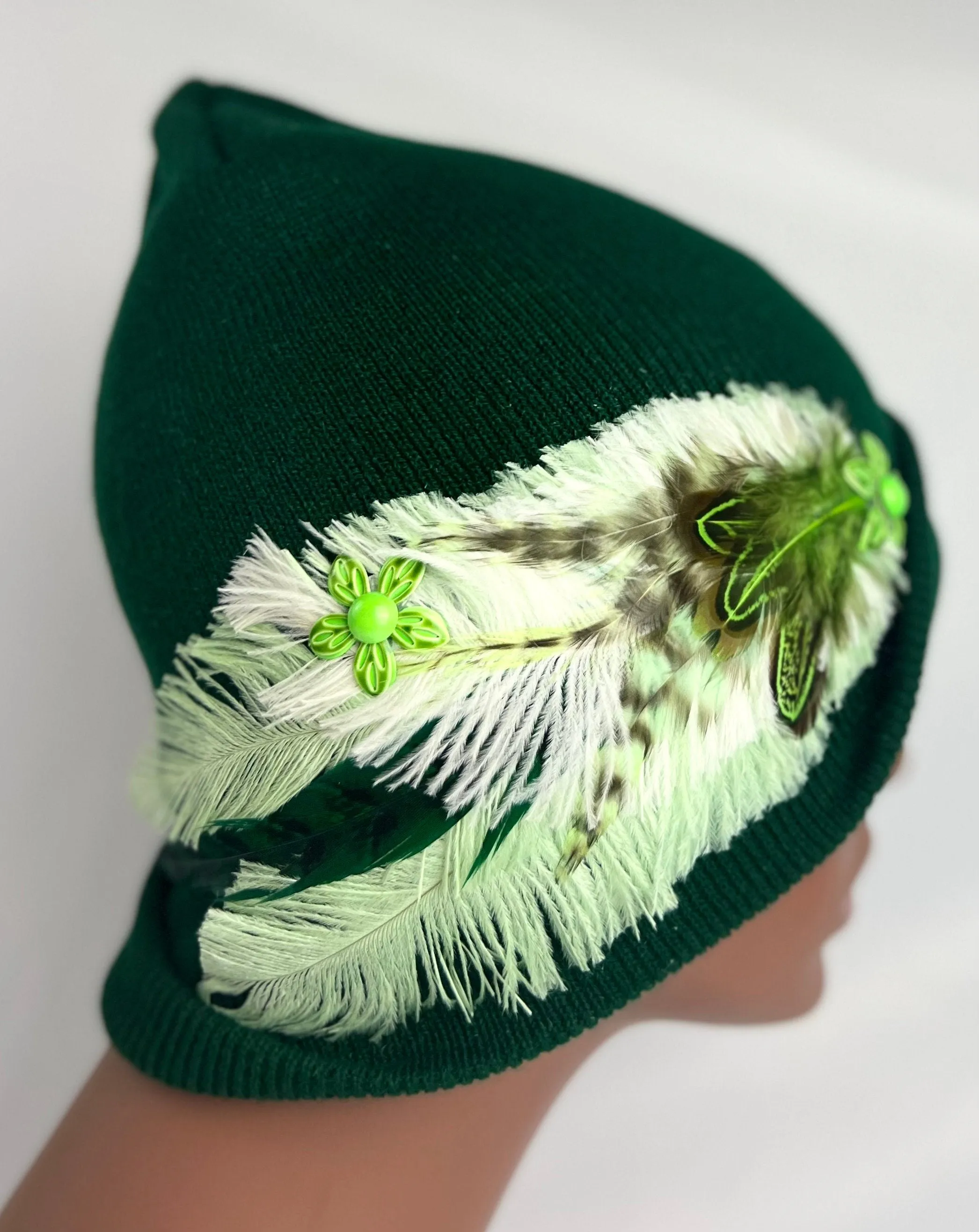 Embellished Feathered & Jeweled Knit Hat