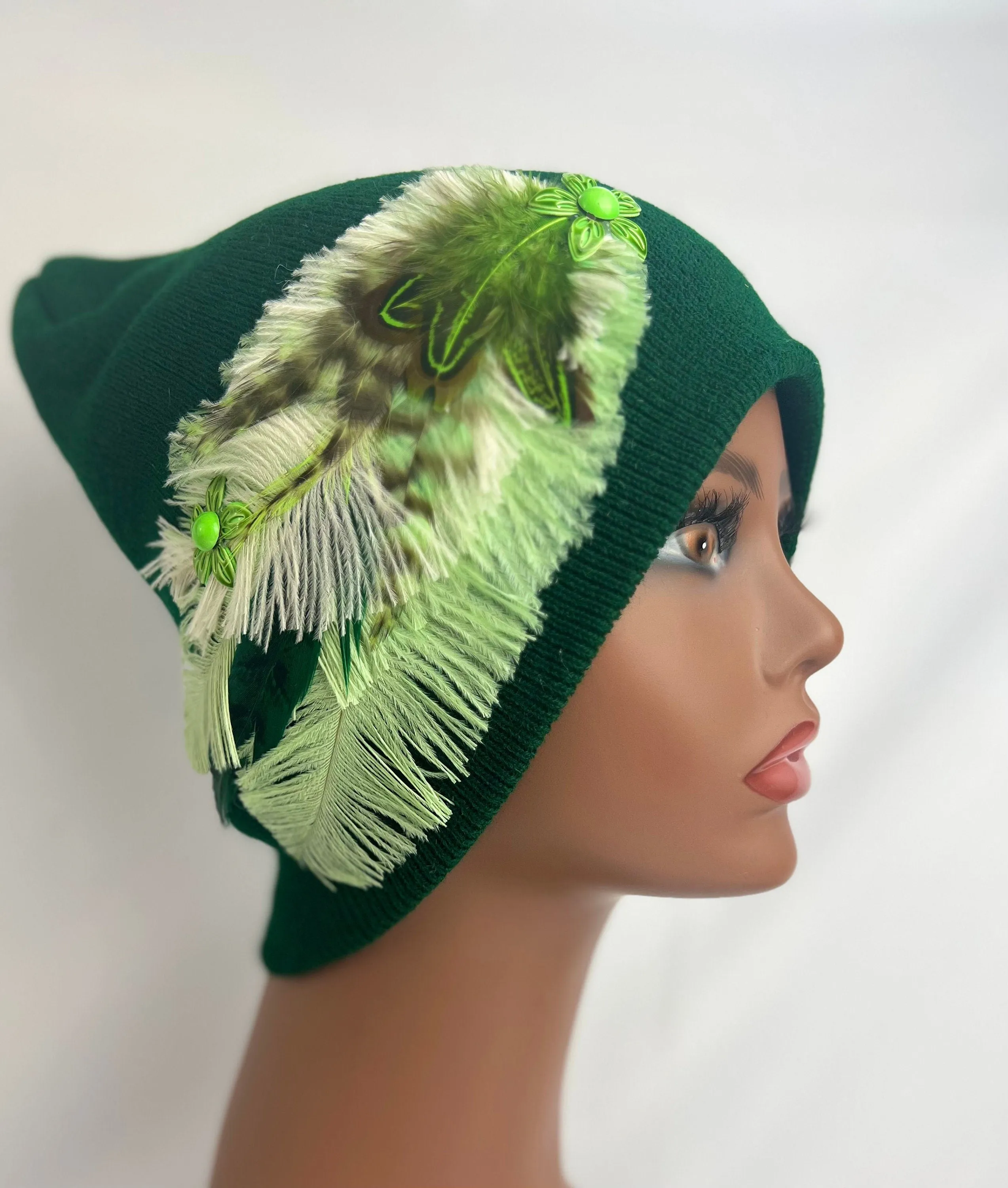 Embellished Feathered & Jeweled Knit Hat