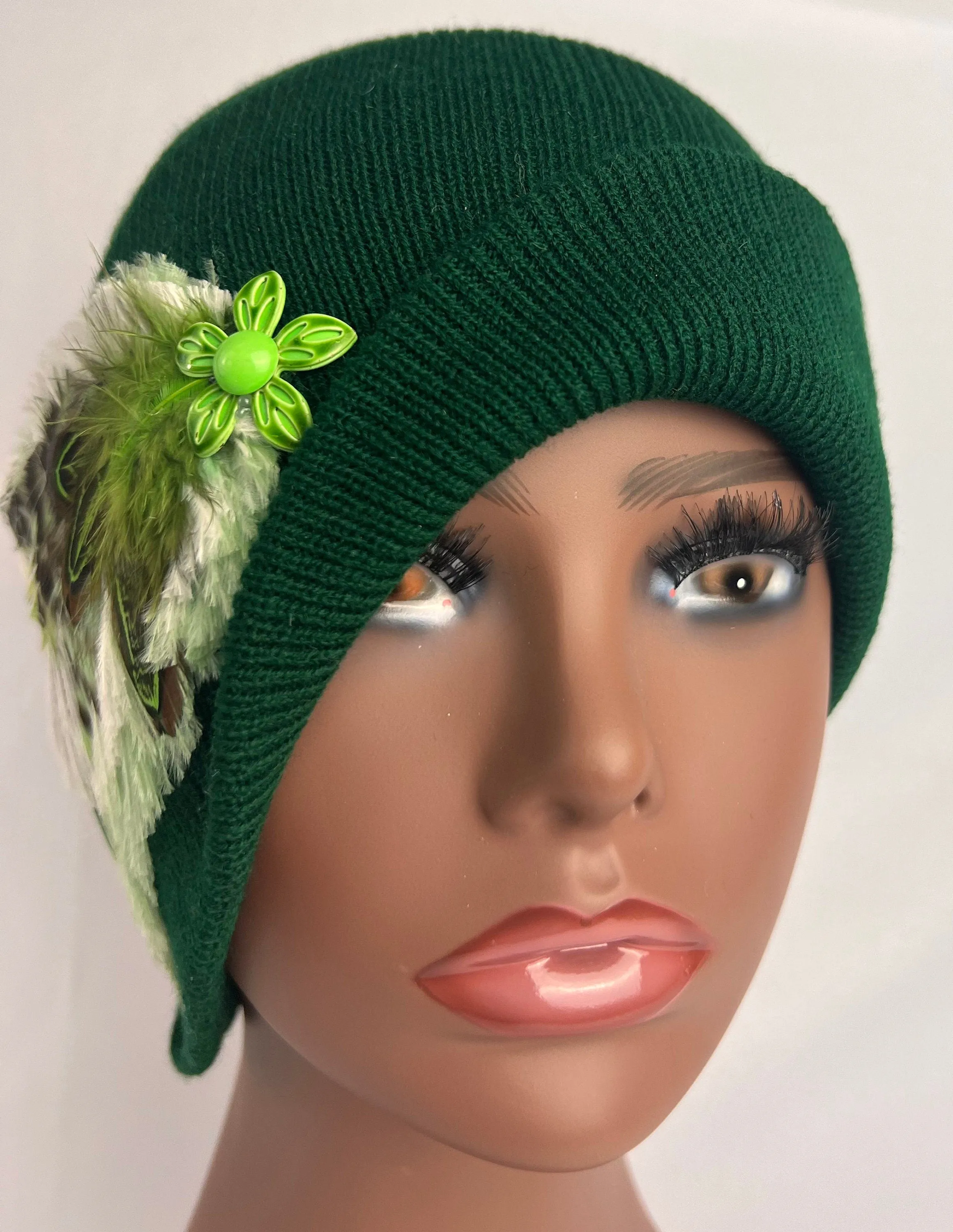 Embellished Feathered & Jeweled Knit Hat