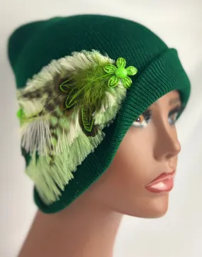 Embellished Feathered & Jeweled Knit Hat