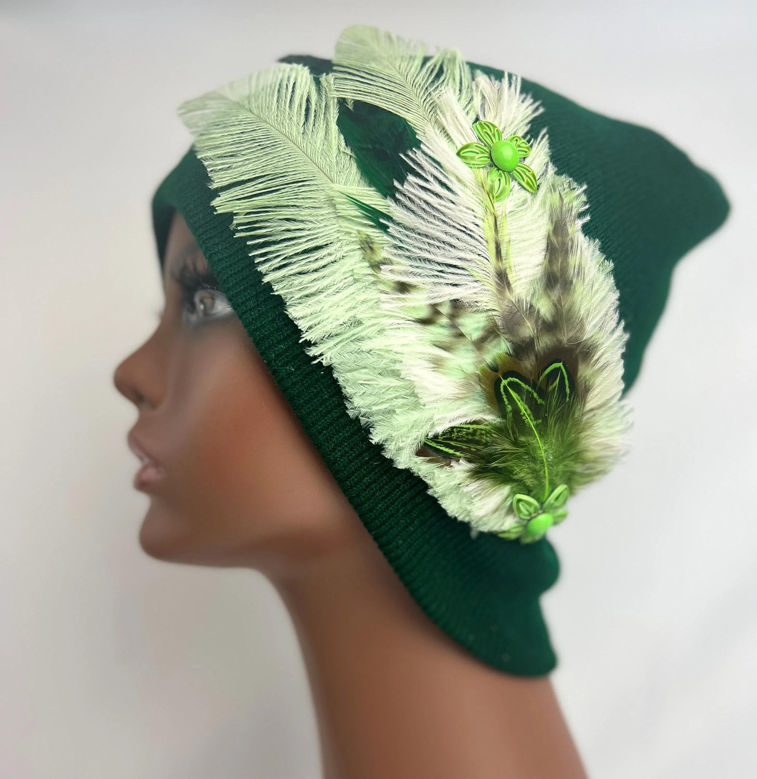 Embellished Feathered & Jeweled Knit Hat