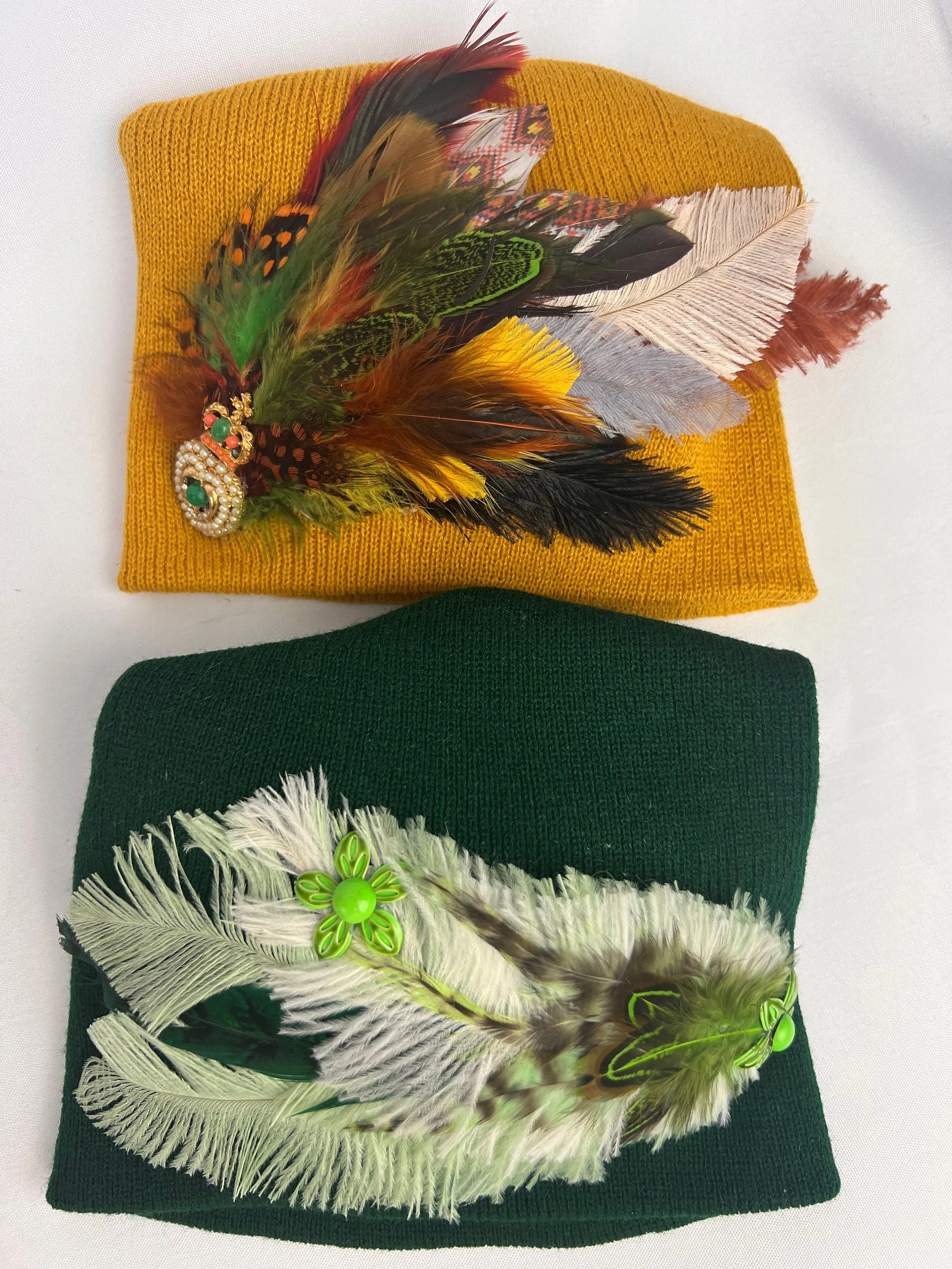 Embellished Feathered & Jeweled Knit Hat