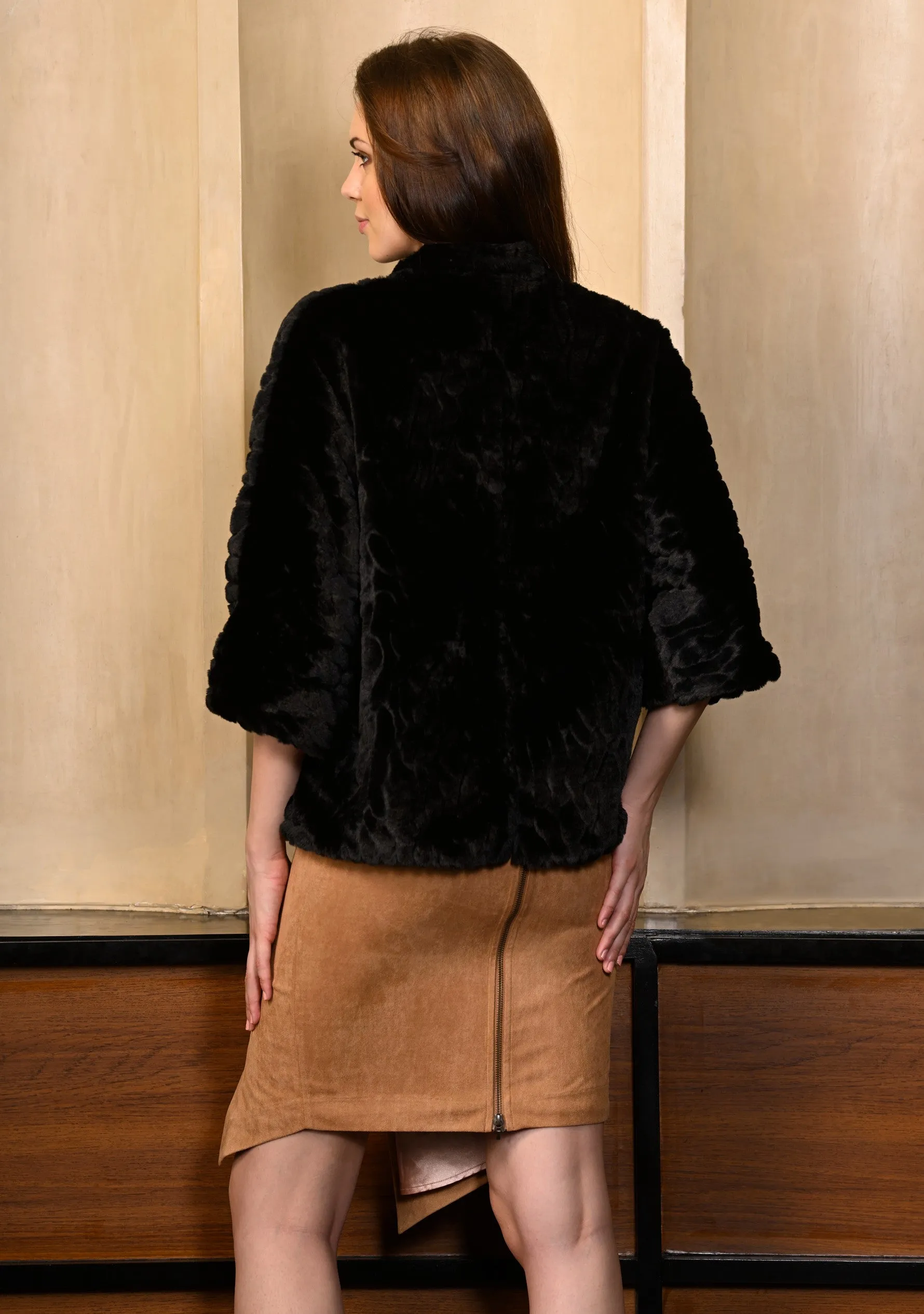 Embossed Black Faux Fur Button Down Chinese Collar Jacket with Black Faux Leather Trims