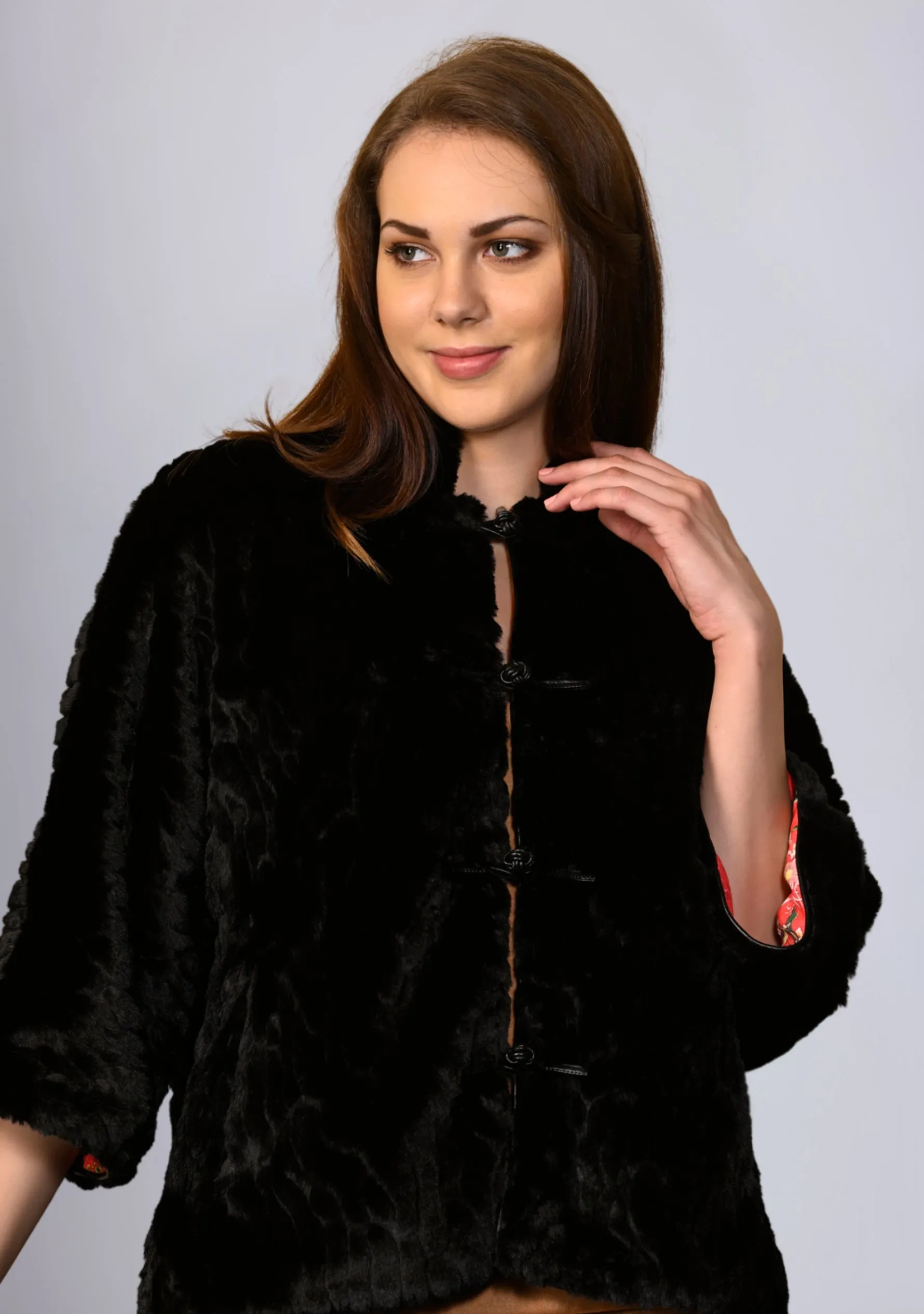 Embossed Black Faux Fur Button Down Chinese Collar Jacket with Black Faux Leather Trims