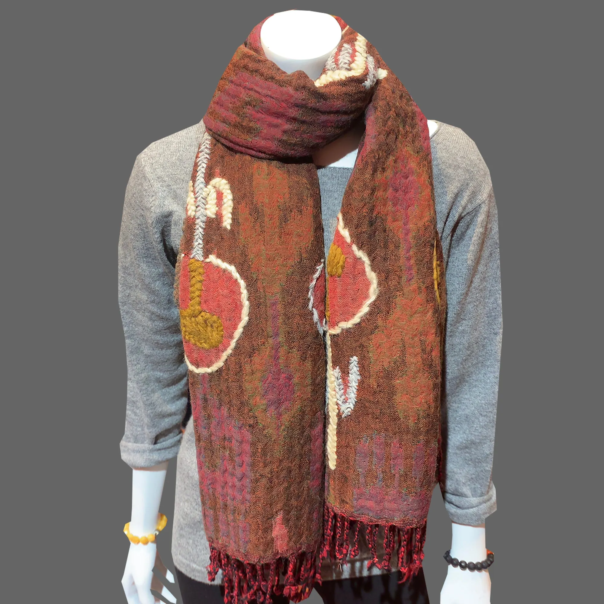 Embroidered boiled wool wrap scarf