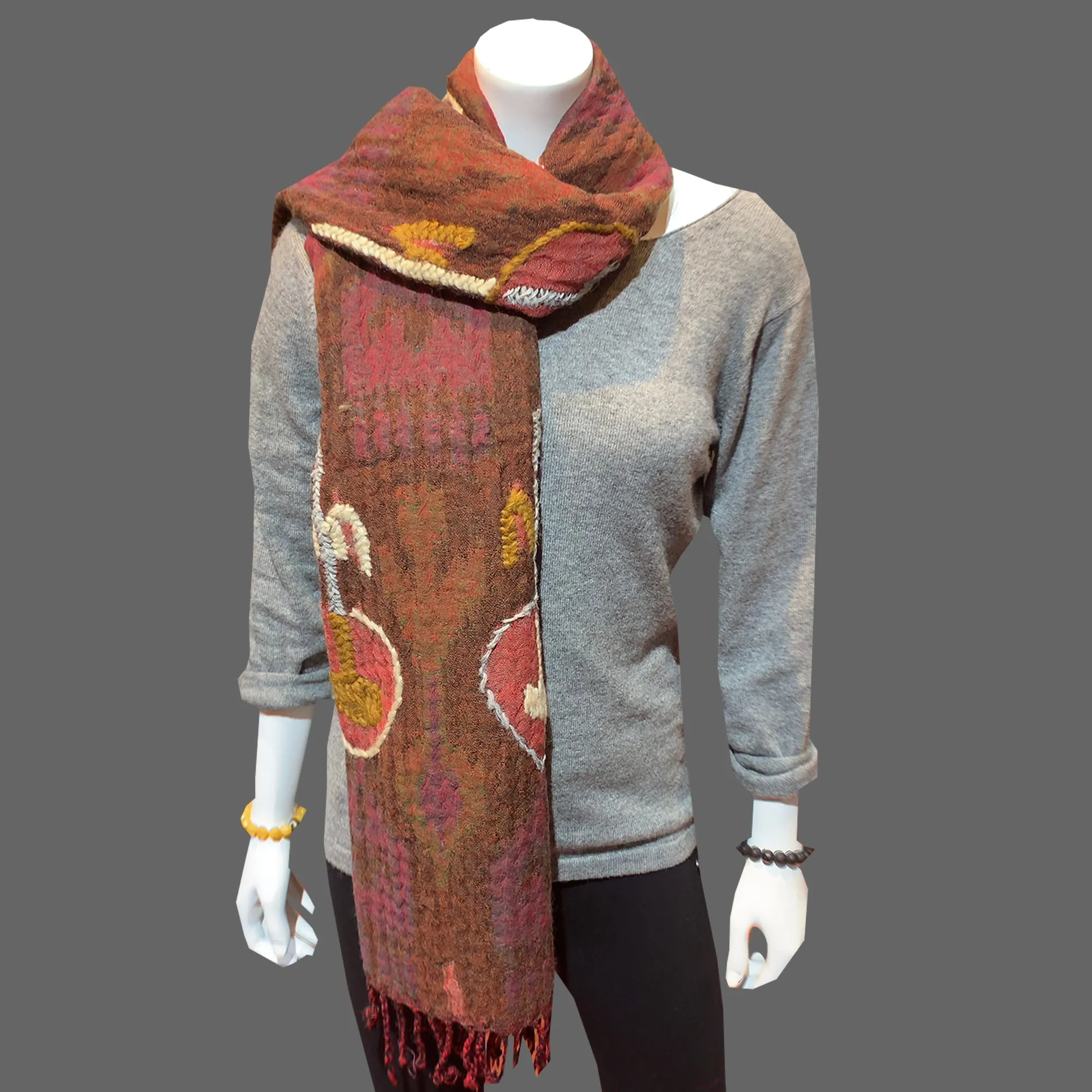 Embroidered boiled wool wrap scarf