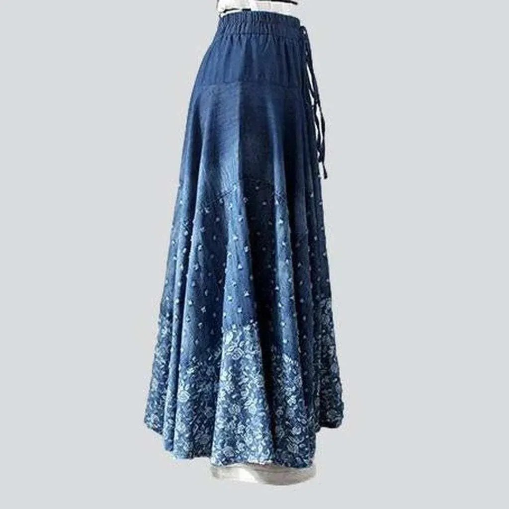 Embroidered flare denim skirt