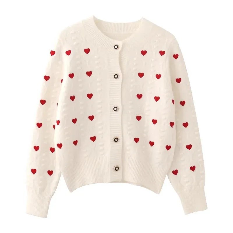 Embroidery Heart Knit Women Cardigan Sweater V Neck Single Breasted Knit Jumpers Top Autumn Winter Female Jacket Coat C-152