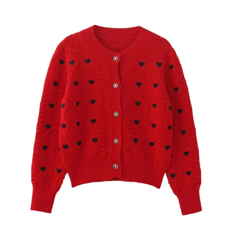 Embroidery Heart Knit Women Cardigan Sweater V Neck Single Breasted Knit Jumpers Top Autumn Winter Female Jacket Coat C-152