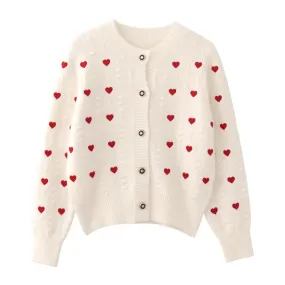 Embroidery Heart Knit Women Cardigan Sweater V Neck Single Breasted Knit Jumpers Top Autumn Winter Female Jacket Coat C-152