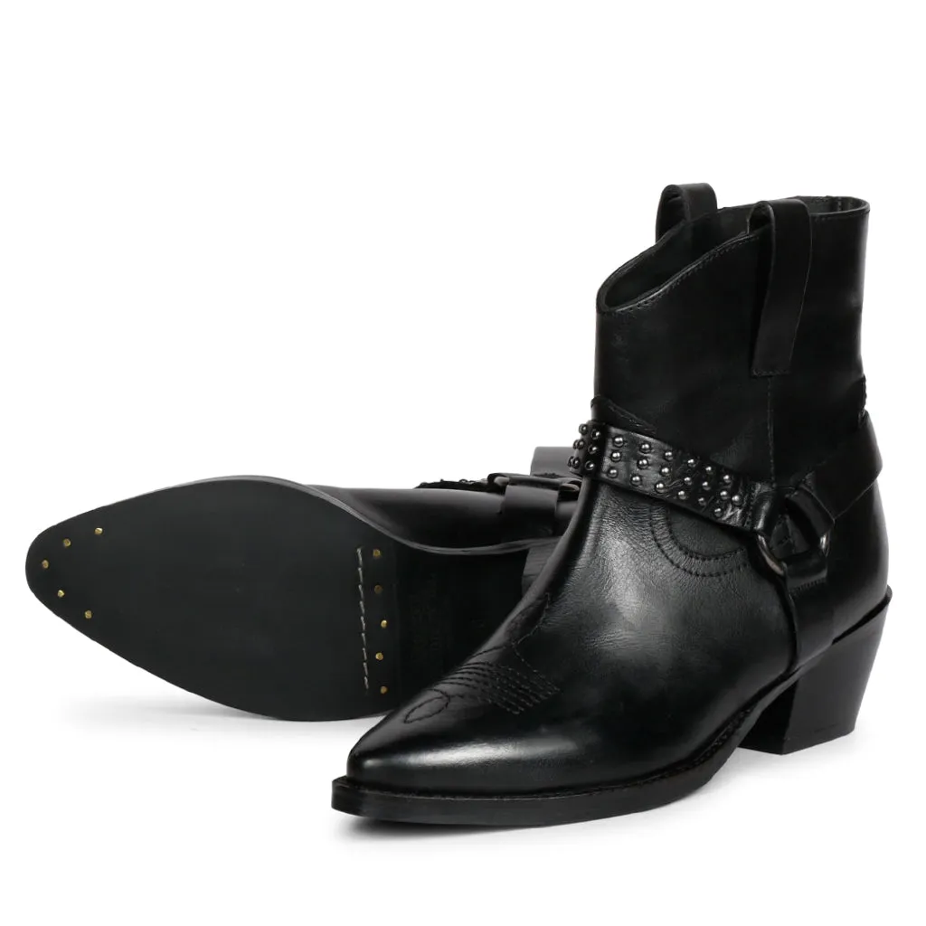 Enrica Metal Studded Black Leather Ankle Boots