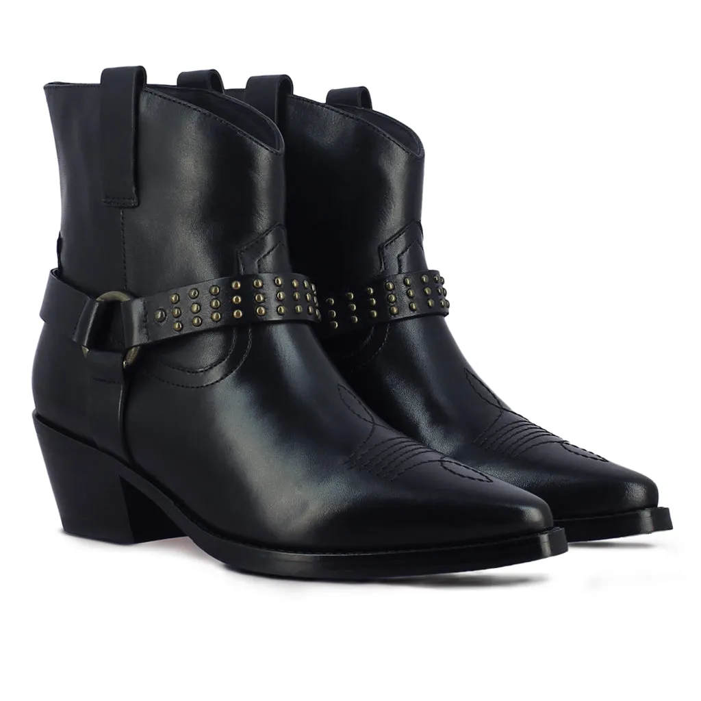 Enrica Metal Studded Black Leather Ankle Boots