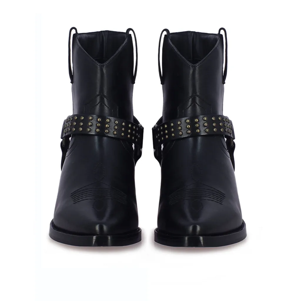 Enrica Metal Studded Black Leather Ankle Boots