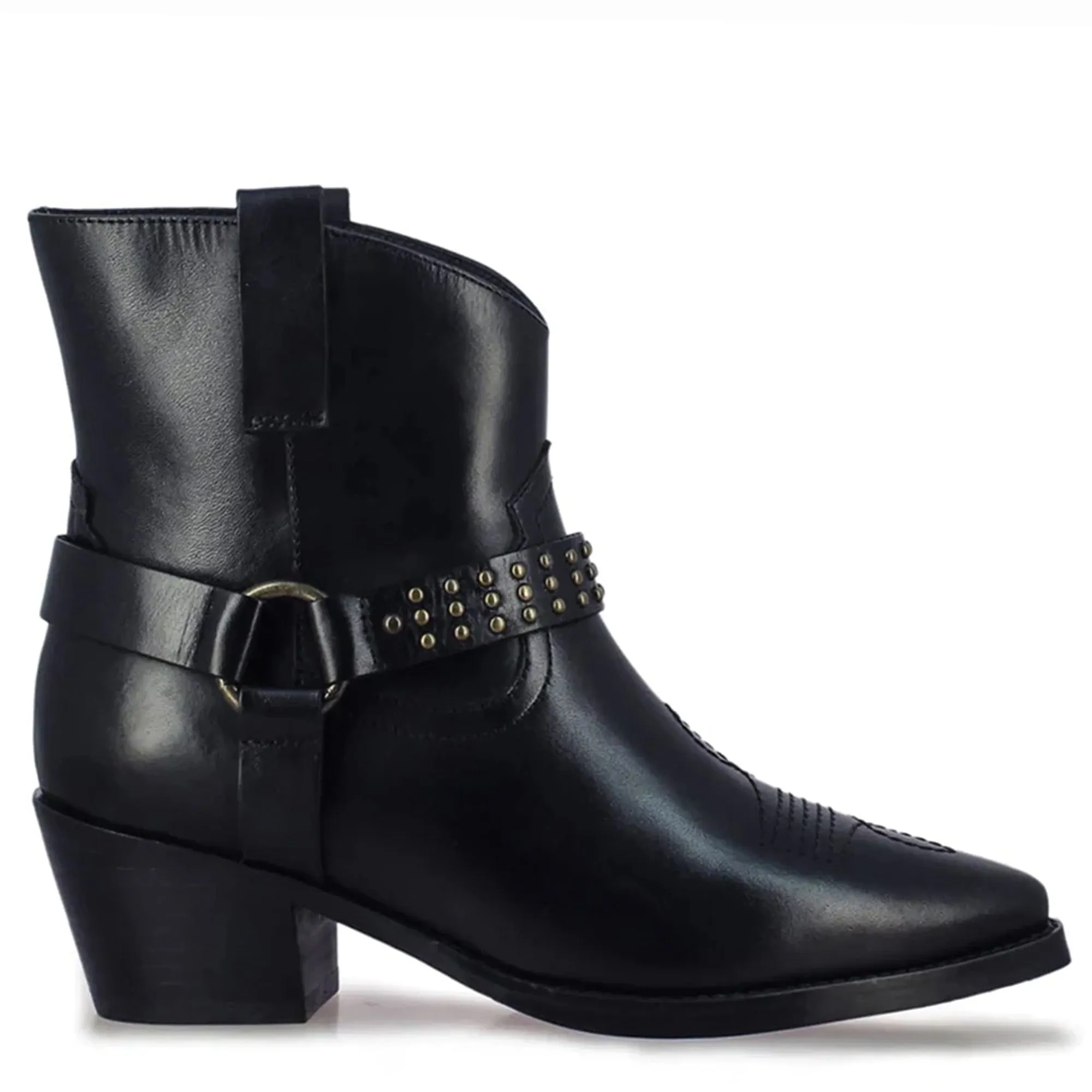 Enrica Metal Studded Black Leather Ankle Boots