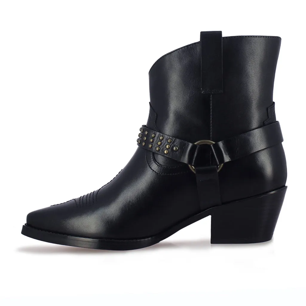 Enrica Metal Studded Black Leather Ankle Boots