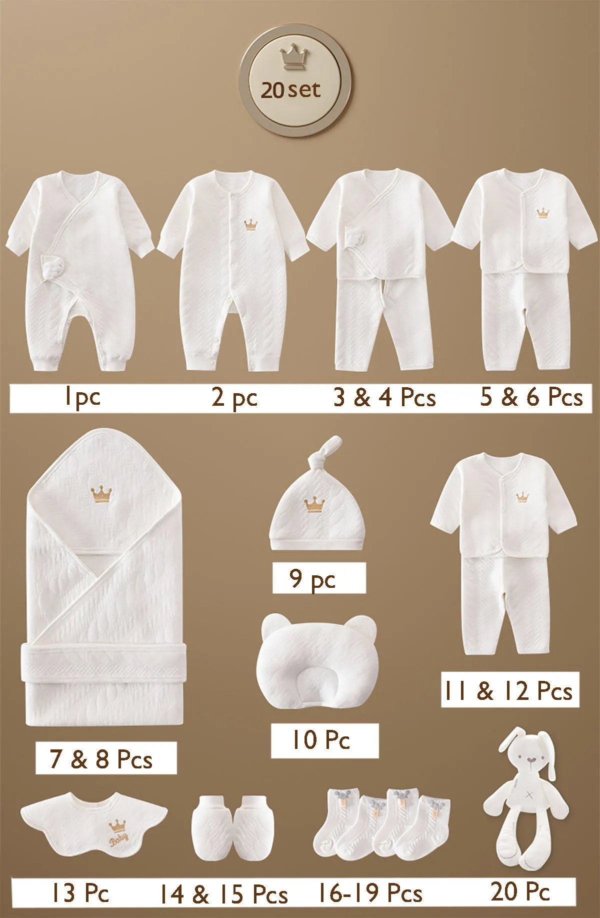 Fancydresswale new born baby gift- White set of 20 dresses & baby accessories